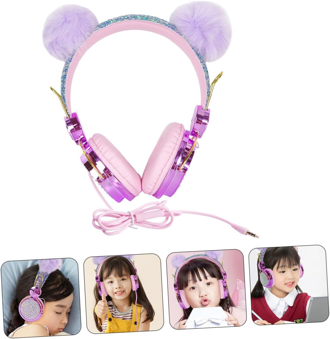 Gadpiparty -Ear Headphones for Kids with Mic, Wired Children Headset for School and Computer Use, Rhinestone Glitter Purple Unicorn Design with Furry Pom-Pom, Girls Earphones Random Color