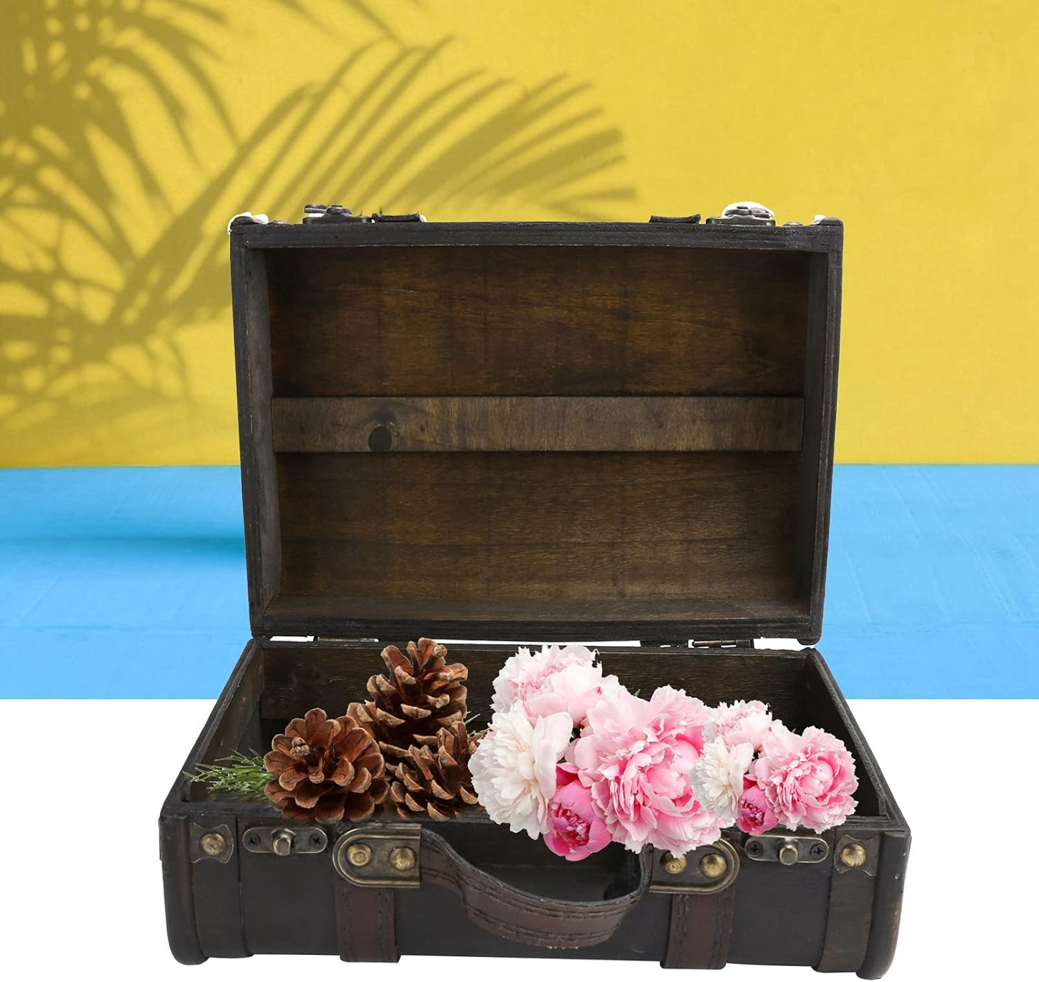 Plplaaoo Retro Suitcase,Vintage Suitcase,Vintage Wooden Suitcase - Retro Antique Style Double-Layer Photography Props Craft Decoration Box Ornament image number 6