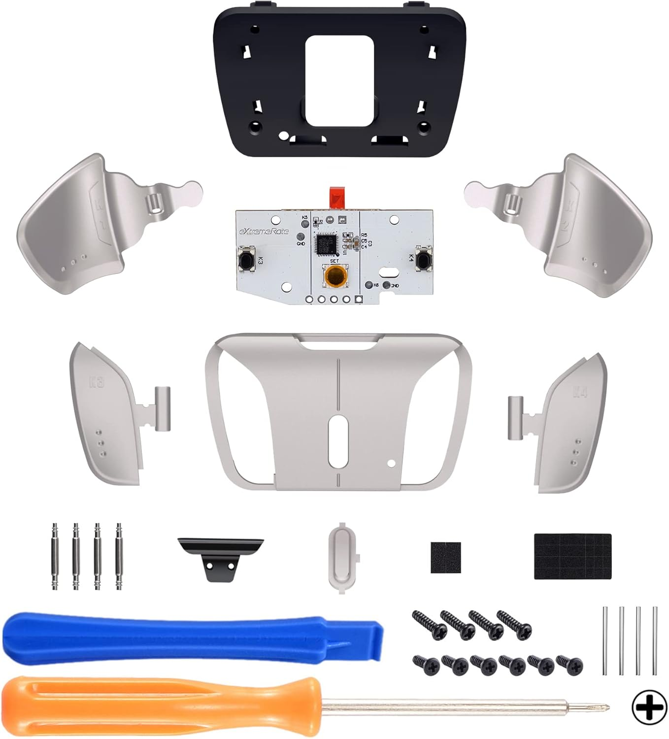 Turn Rise & RISE4 to RISE4 RMB Kit &ndash; Silver Real Metal Buttons (RMB) Version K1 K2 K3 K4 Back Buttons Housing & Remap PCB Board for PS5 Controller Extremerate Rise & RISE4 Remap Kit