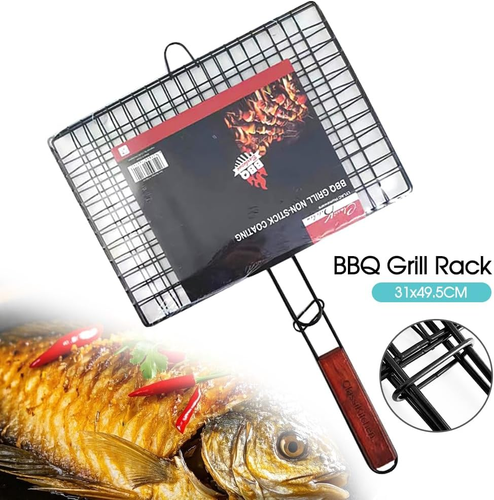 Leona Co BBQ Grill Rack &ndash; 31X49.5Cm, Durable Non-Stick Steel with Wooden Handle &ndash; Ideal for Grilling Meat, Seafood & Vegetables image number 5