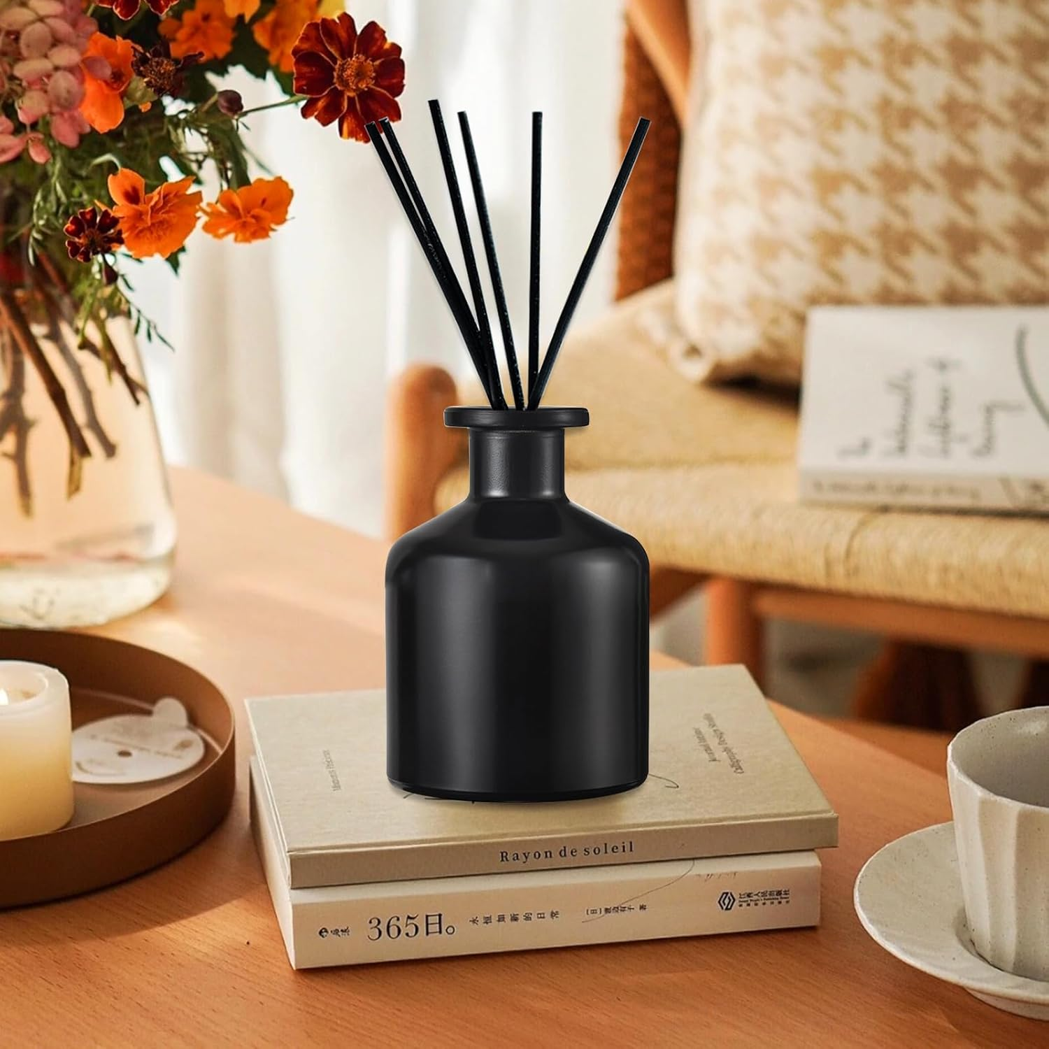 DEARBAG Set of 2 Black Glass Diffuser Bottles Set, 200 Ml Matte Glass Bottles for Room Fragrance Diffuser, Empty Diffuser Bottle, Aroma Diffuser Bottles Container for Essential Oils, Aromatherapy image number 4