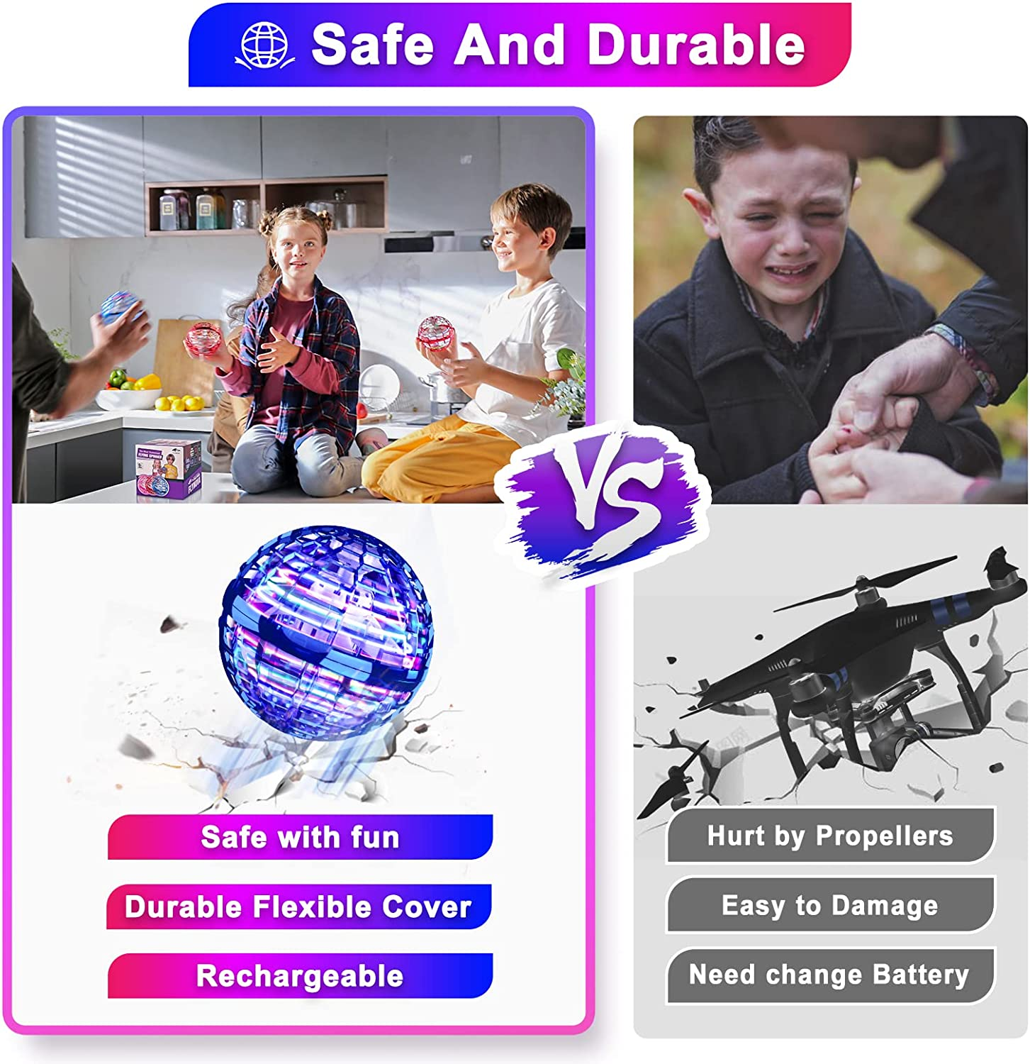 Flying Ball Toys - Magic Orb Hover Ball, Hand Controlled Flying Spinner Mini Drone, 360&deg; Rotating Floating Boomerang Ball with Built-In RGB LED Lights, Cool Flying Toy for Kids Indoor & Outdoor Fun image number 1