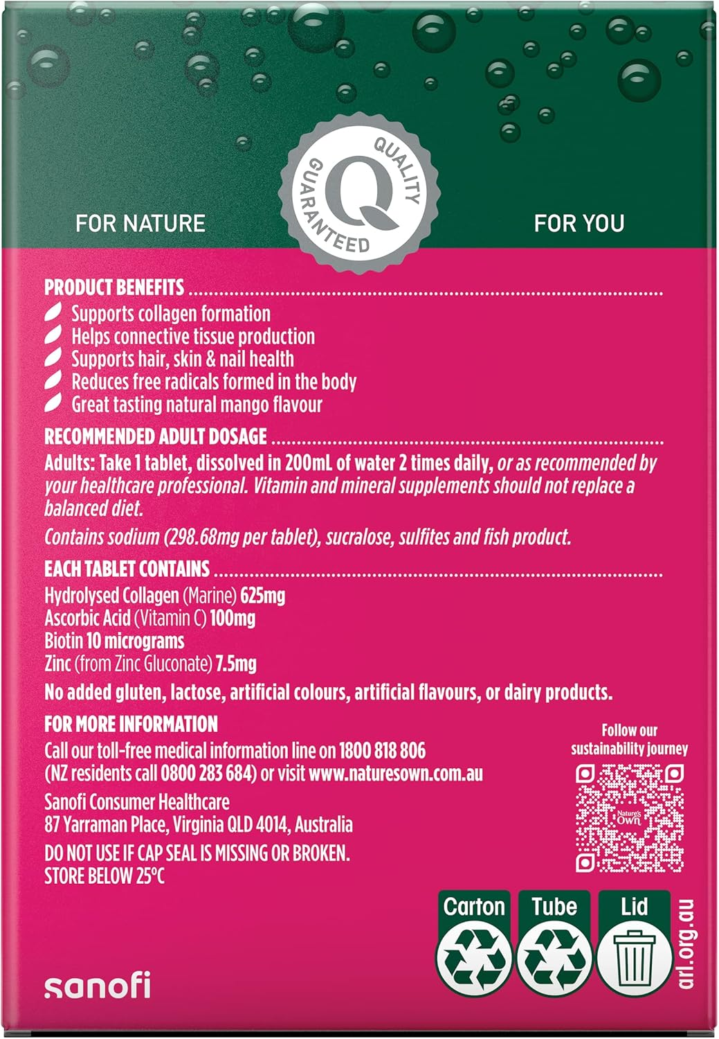 Nature'S Own Collagen plus Skin Support Tablets 60 - Supports Collagen Formation, Skin, Hair, and Nail Health - Reduces Free Radicals Formed in the Body- Effervescent, Mango Flavoured image number 5