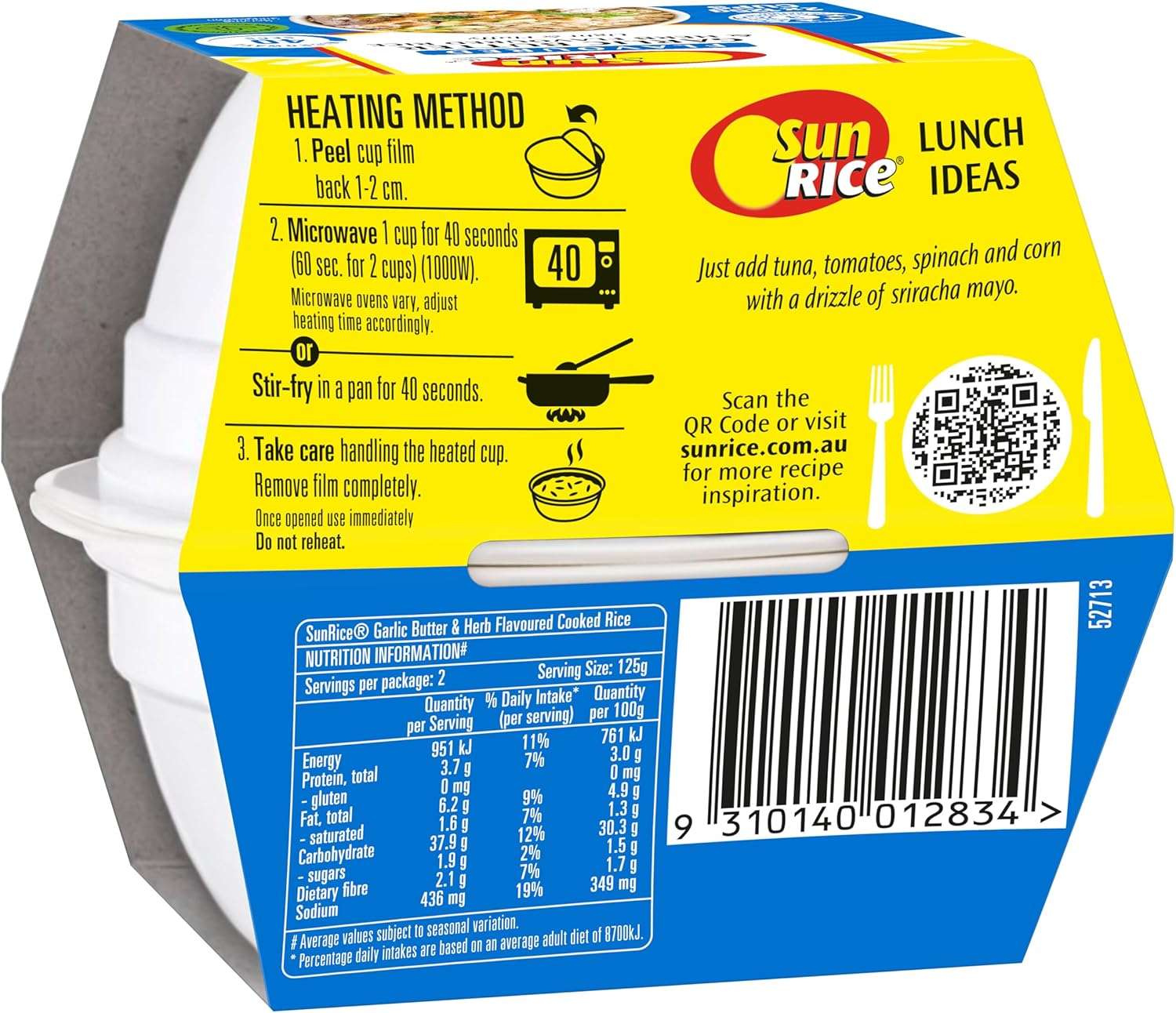 Sunrice Microwave Garlic Butter & Herb Flavoured Rice Cups 6X 2X125G image number 3