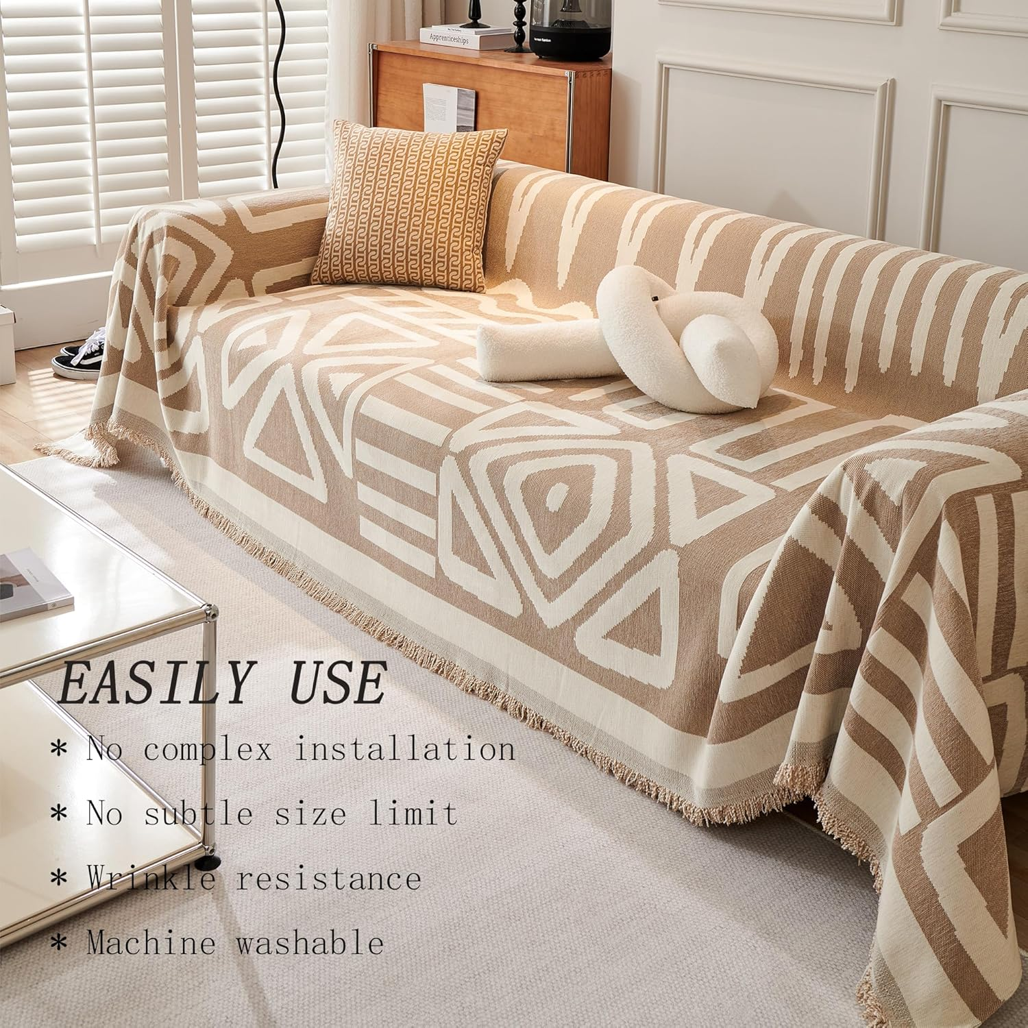 Boho Sofa Cover Washable, Chenille Couch Covers for Sectional,Loveseat Covers,L Shaped Sofa Slipcovers, Pet Friendly, Anti-Scratch Fabric for Dogs & Cats Fits Most Couches (Khaki, Xl(180Cm*340Cm)) image number 1