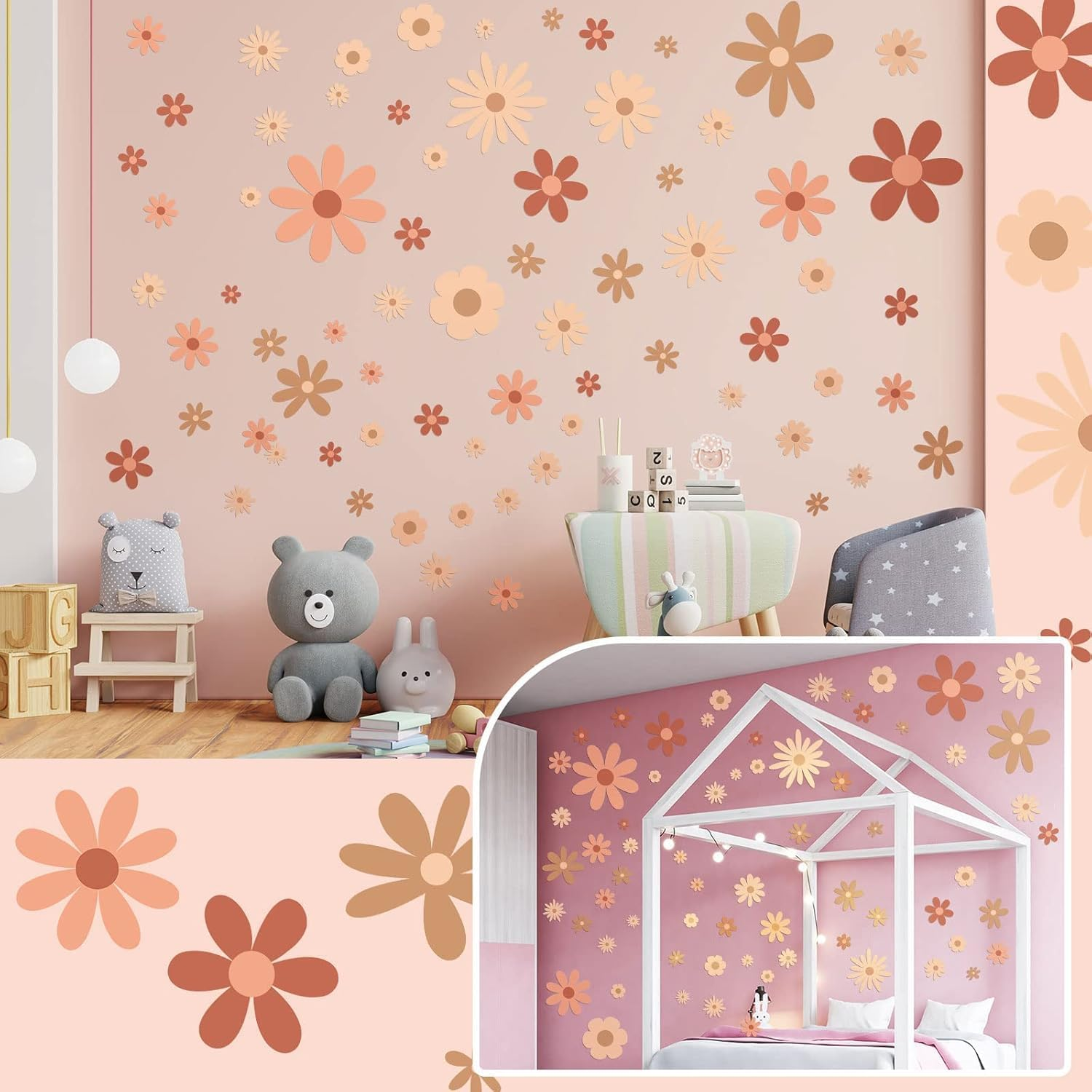 90Pcs Daisy Vinyl Wall Decals, Boho Wall Decal Daisy Stickers, Girls Groovy Peel & Stick Floral Stickers for Kids Nursery Wall Art Bedroom Classroom Living Room Decor(9 Sheets)