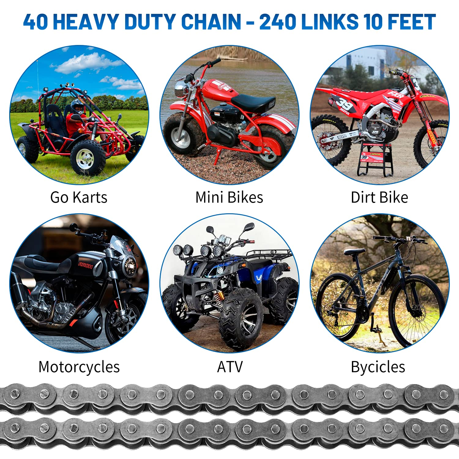 Belleone #40 Roller Chain - 10 Feet #40 Chain with 5 Connecting Links for Go Karts, Mini Bikes, Scooters, Motorcycles, Bycicles, ATV, MTV, Dirt Bike and Other Industrial Machinery - 240 Links