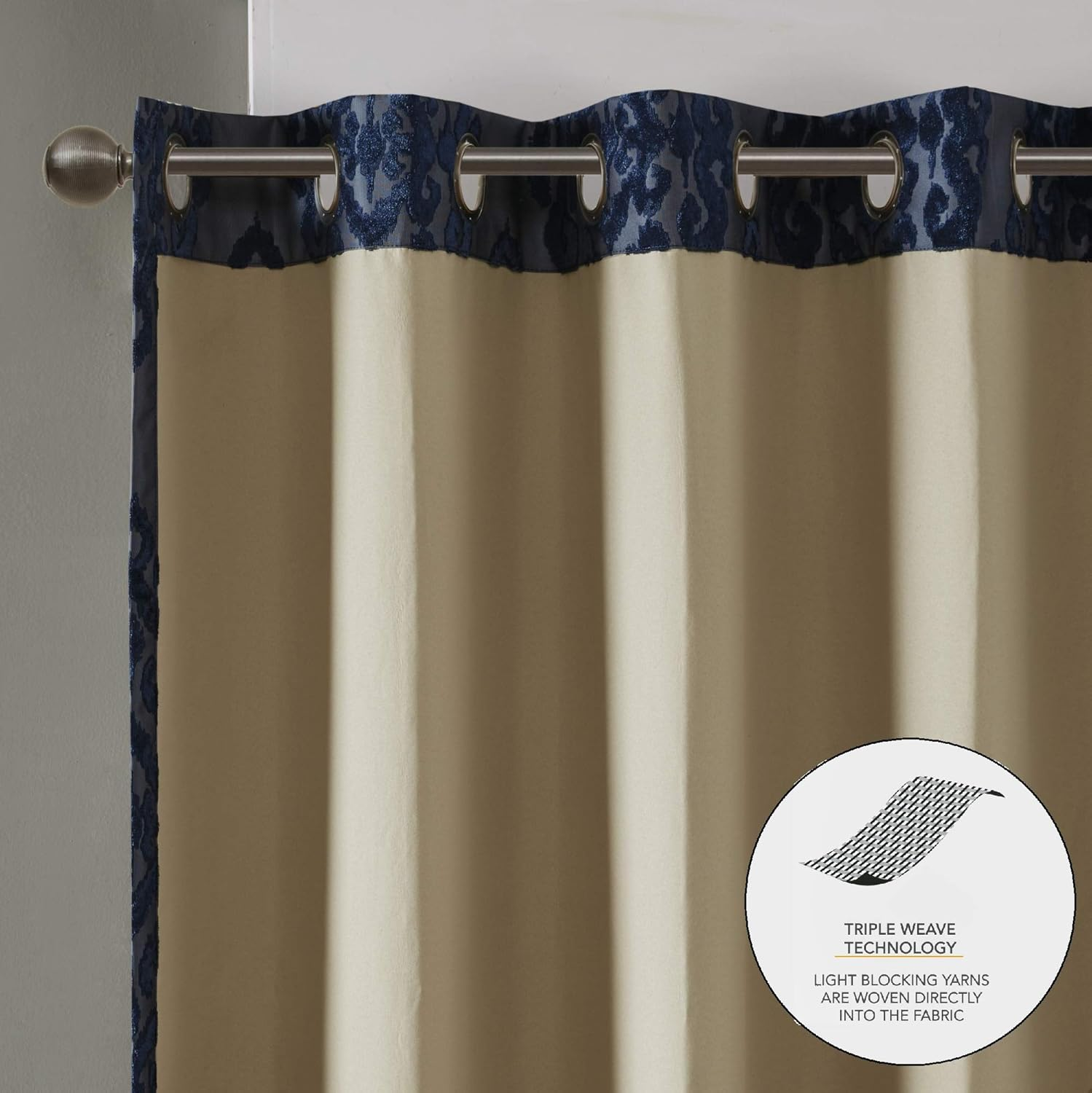Sun Smart Mirage 100% Total Blackout Window, Knitted Jacquard Damask Room Darkening Curtains Panel with Grommet Top, 50X84, Navy image number 7