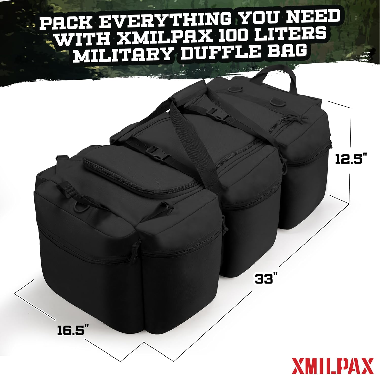 XMILPAX 100L Large Military Duffle Bag Deployment Duffel Bag Sports Equipment Travel Luggage with Detachable Backpack Straps, Black - Black image number 5