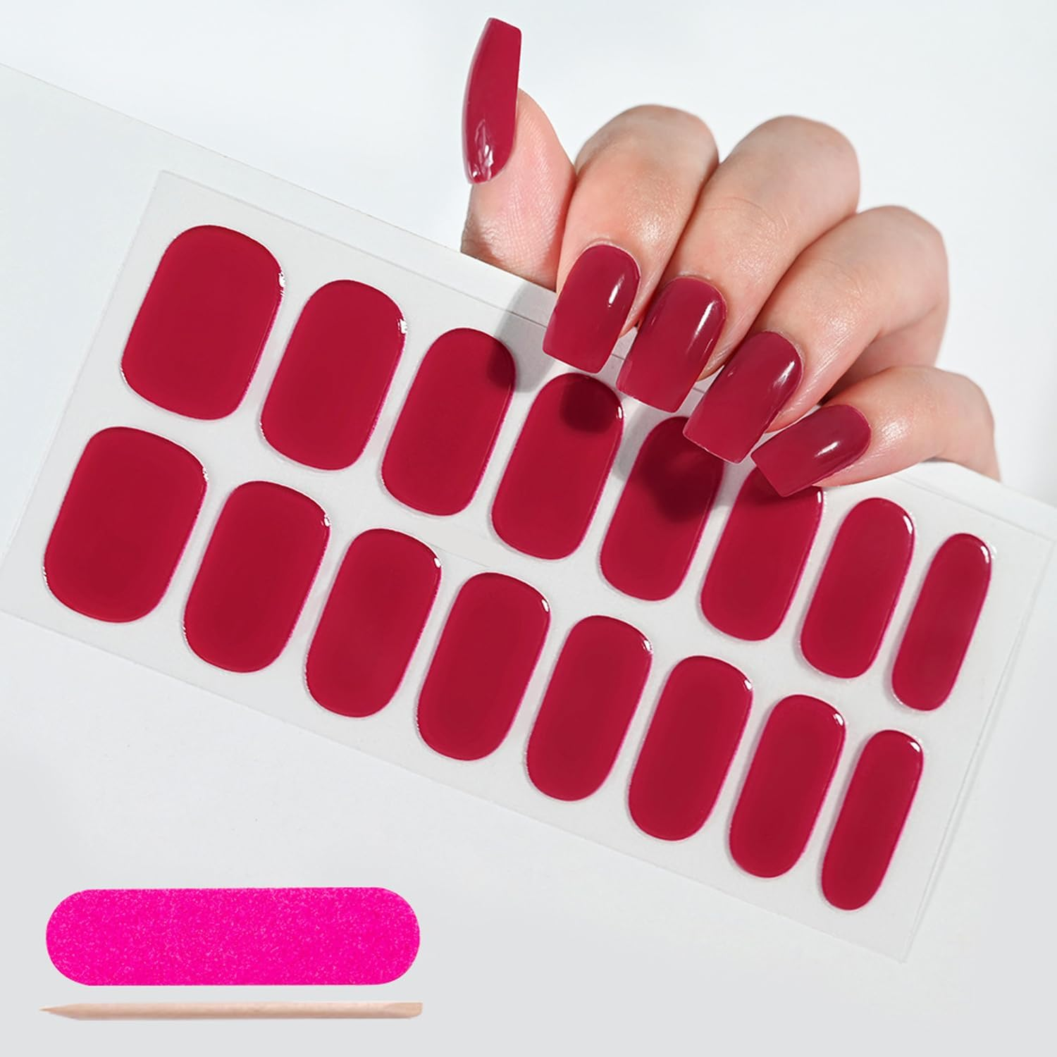16 Pcs Semi Cured Gel Nail Stickers, Red Nail Strips Wraps for Salon-Quality Manicure, for Works with Any UV Lamp, Easy to Apply, Trim, & Remove Gel Stickers image number 2