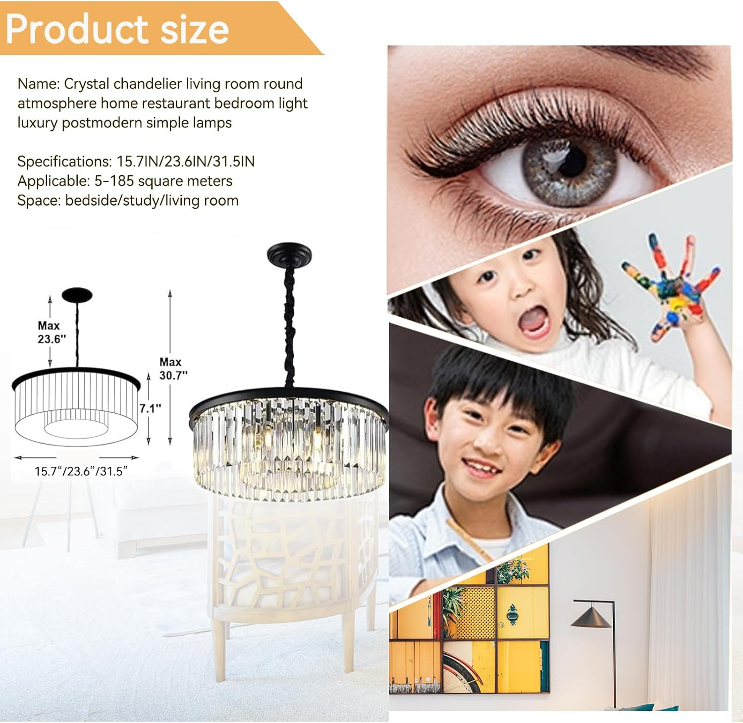 Modern Black Crystal Chandelier Ceiling Light, Semi Flush Mount 5 Lights 2 Tier Crystal round Chandelier Light for Bedroom, Living Room, Dining Room,23.6In,Black image number 3