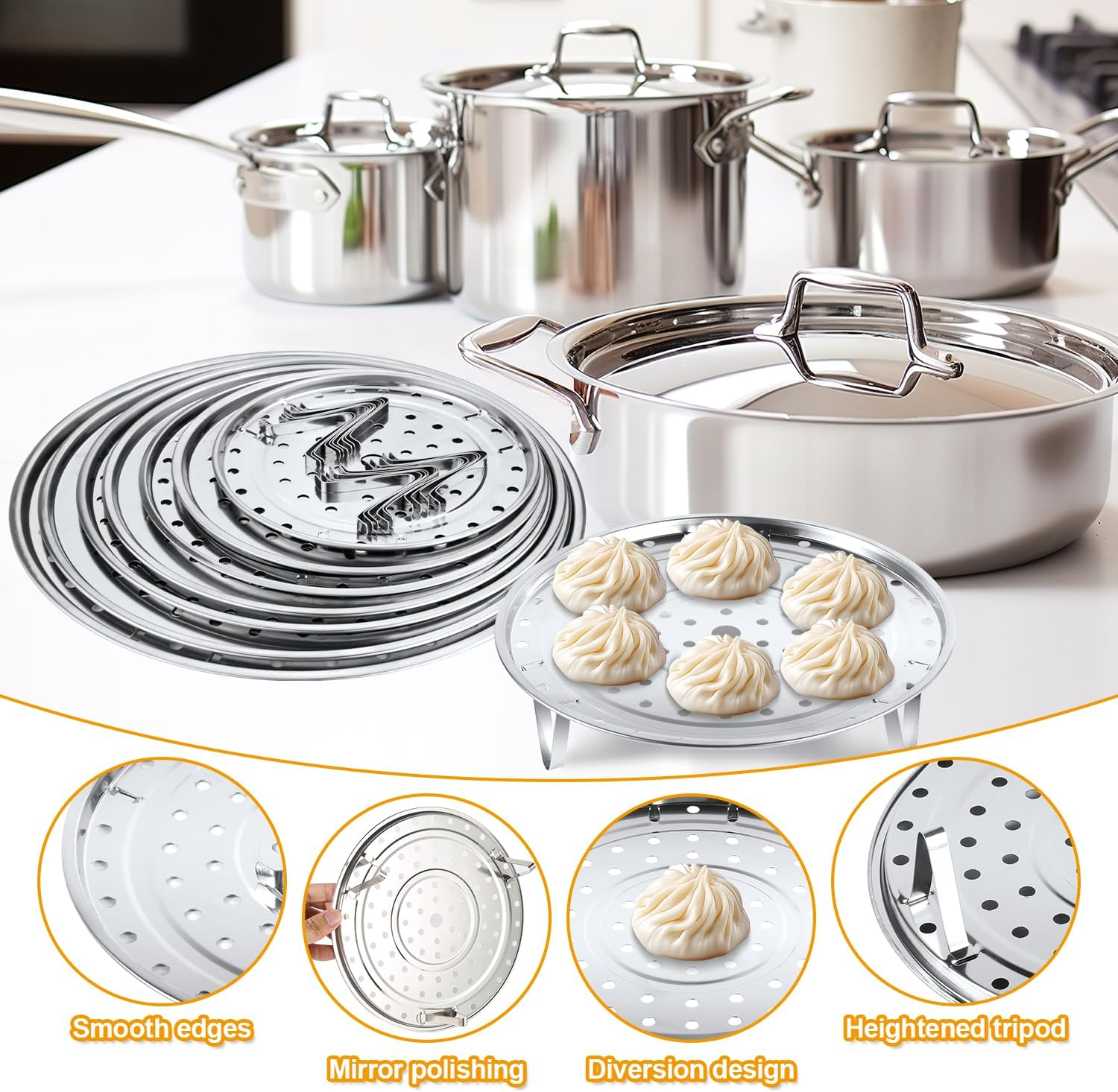 7Pcs Steamer Baskets, Stainless Steel Baking Cooling Steaming Rack round Pot Cooking Rack Stand Holder Multi-Purpose Removable Steam Tray for Air Fryer Instant Pots Cookware Food (7 Sizes, Silver) image number 1