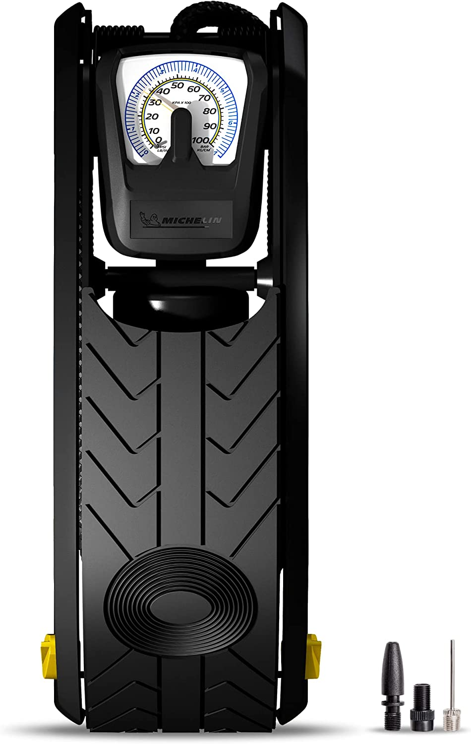 MICHELIN Single Barrel Analogue Tyre Foot Pump with Gauge Accuracy up to +/- 1 PSI, Dual Display PSI and BAR & Snap-In Adaptor Storage (12204), Black image number 1