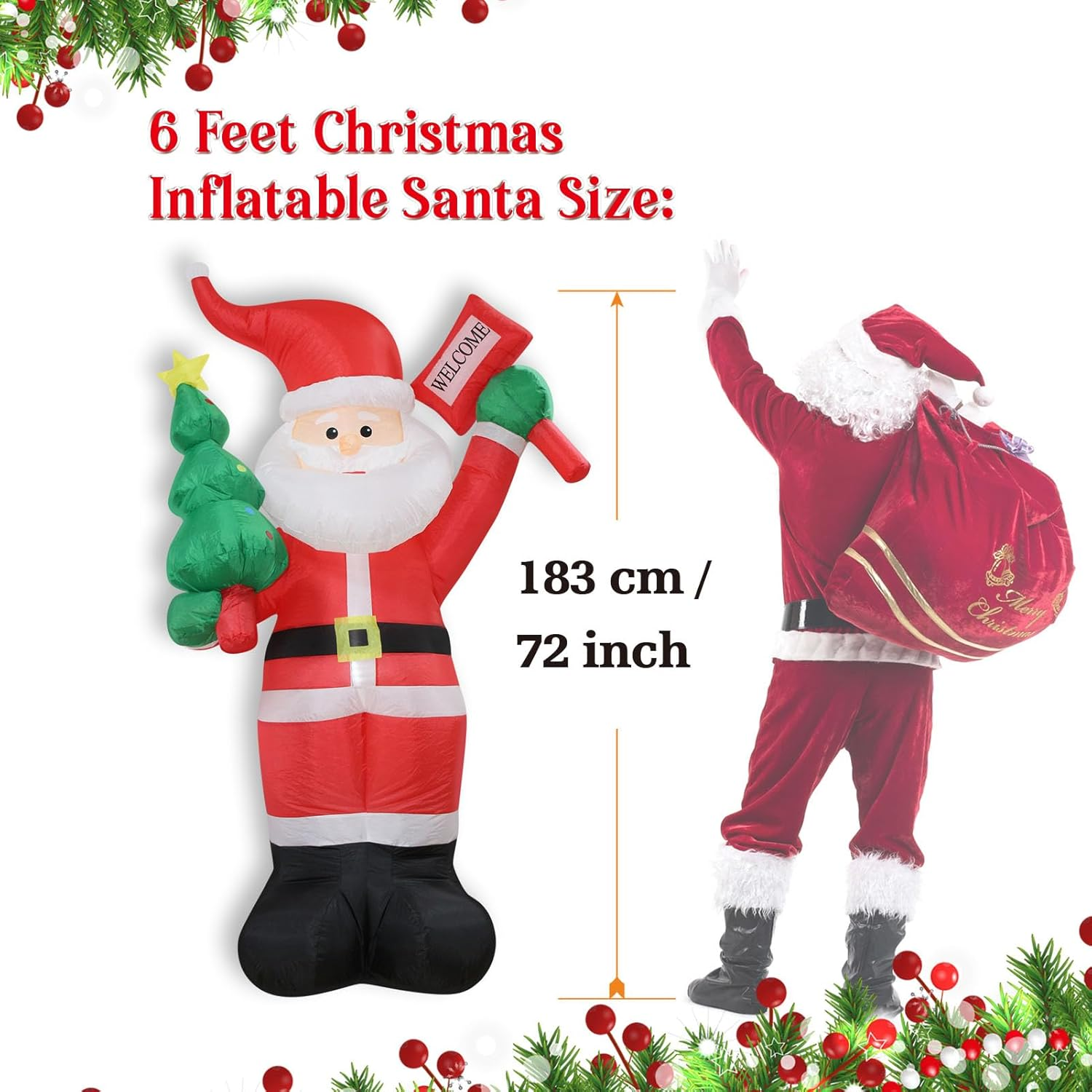 Christmas Inflatables Santa Holds Tree Welcome Lighted Yard Lawn Inflatable Decoration Holiday Party Decor, Christmas Decor Blow up Outdoor Yard Lawn Decoration (6FT- Santa Holds Tree & Welcome) image number 6