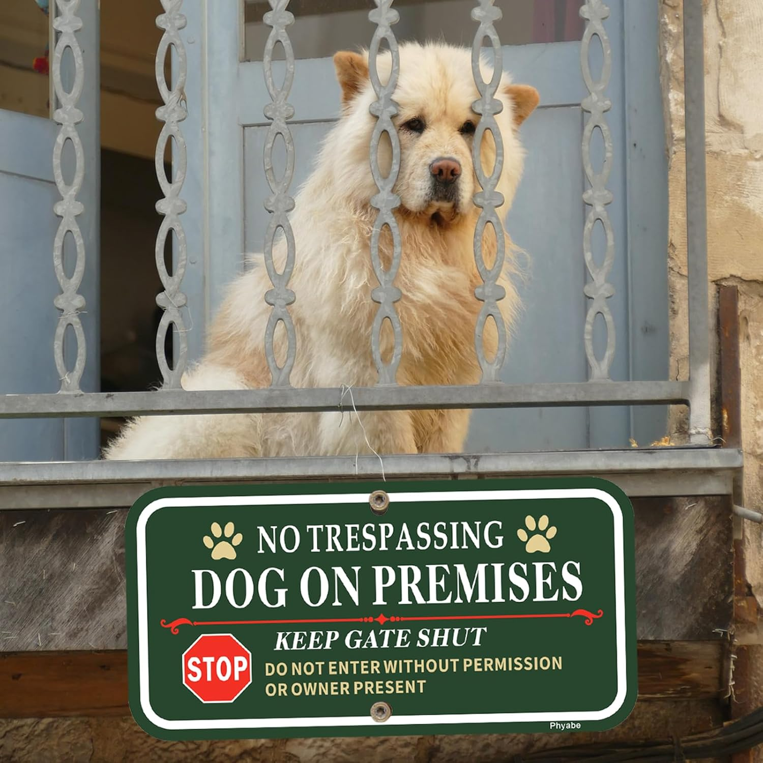 Phyabe 2 Pack No Trespassing Dog on Premises Keep Gate Shut Sign, 12 X 6 Inch Rust Free Aluminum Dog Sign, Weather Resistant, Waterproof, Durable Ink, Easy to Install image number 2
