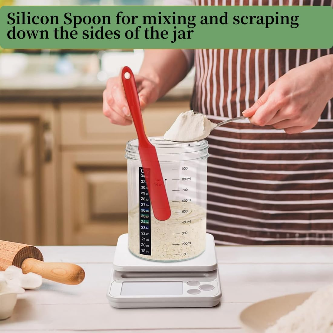 REASOR 2 Pack Sourdough Starter Jar Kit,35 Oz Glass Jars with Wooden Lids, Cloth Covers, Date Tracking Bands, and Silicone Spatulas for Artisan Bread Making image number 5