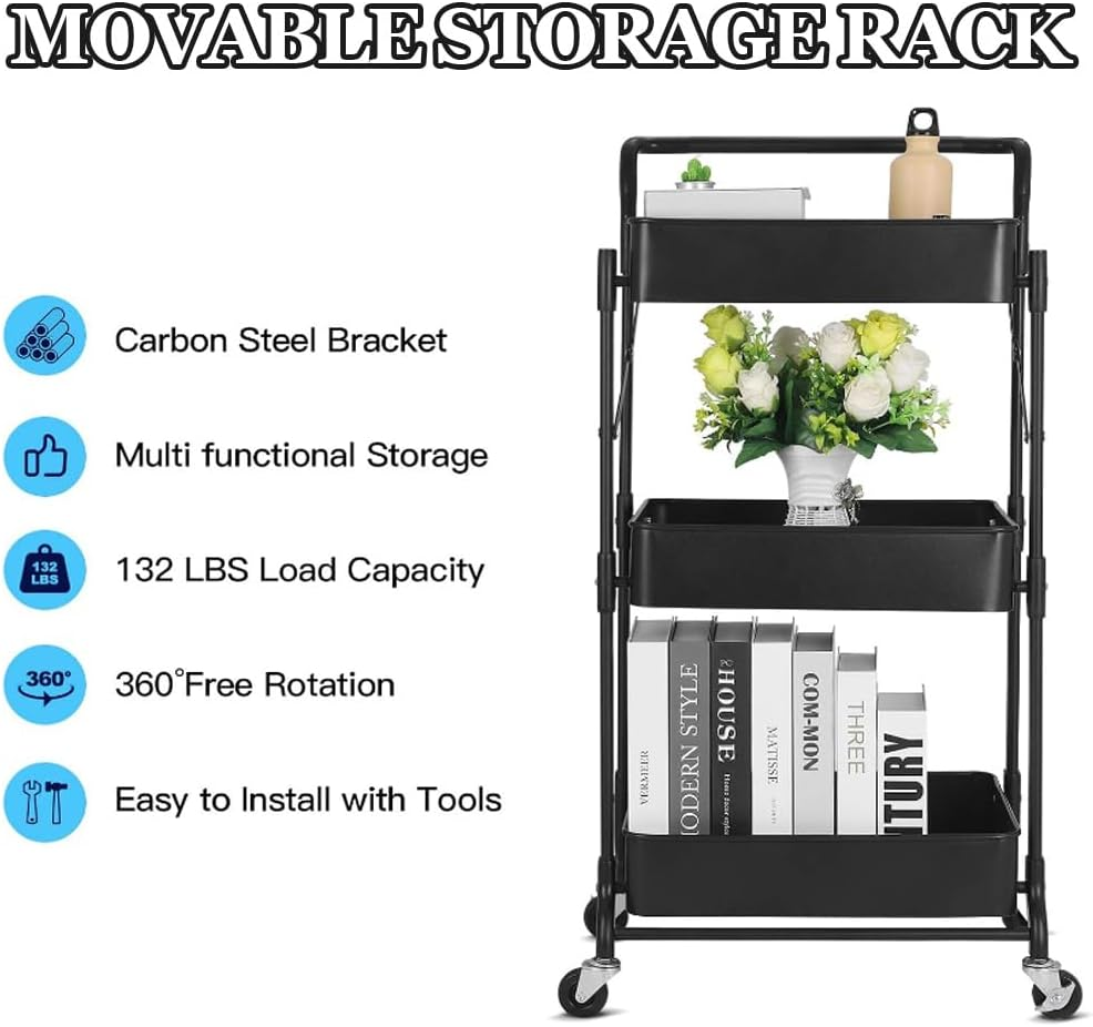 GUDAJIN 3-Tier Foldable Rolling Cart, Metal Cart with Handle, Foldable Mobile Organizer Cart, Multi-Function Storage Trolley, Rolling Storage Organizer Rack for Kitchen Pantry, Office (Black)