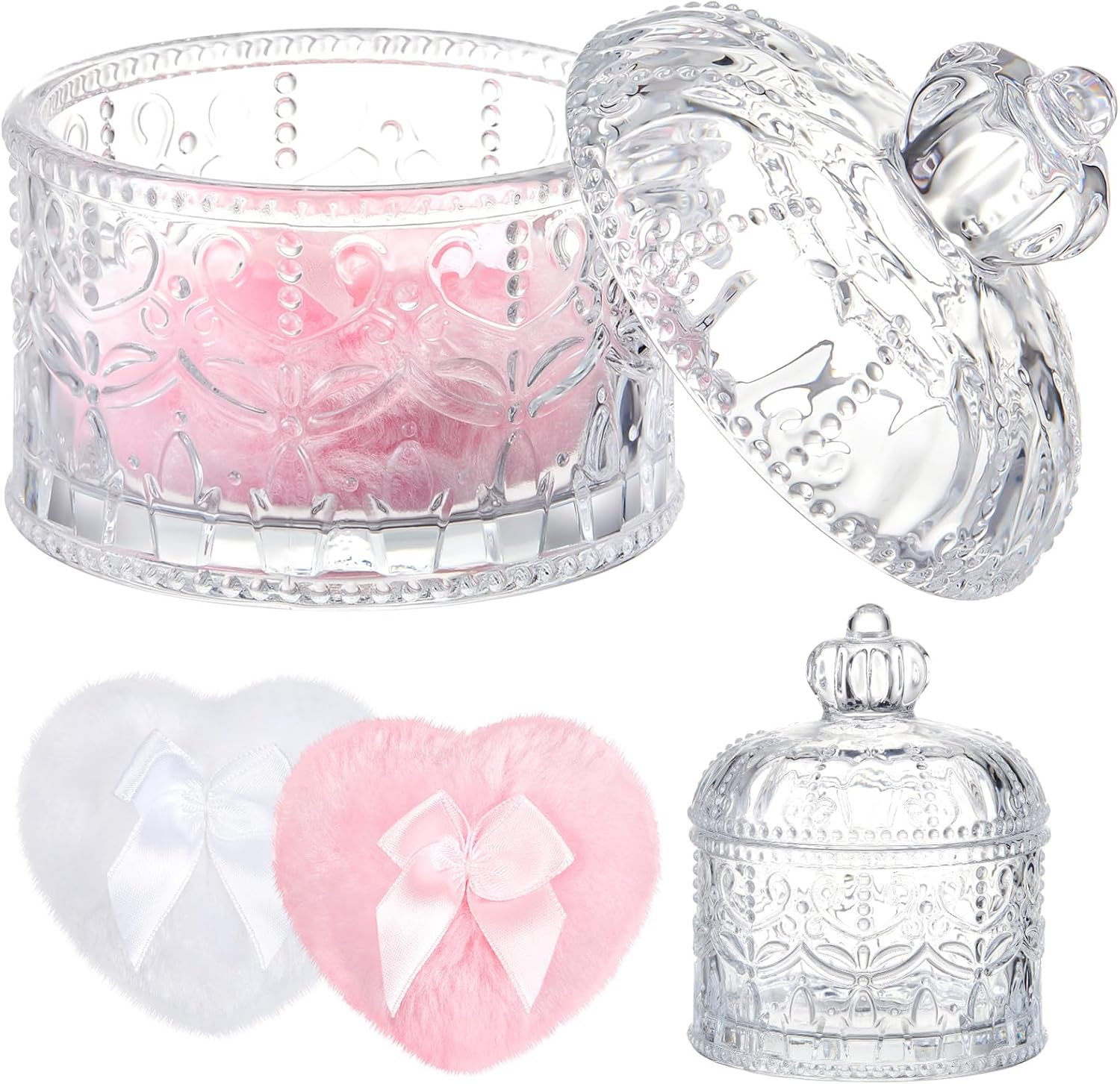 Tioncy 3 Pcs Large Body Powder Puff and Container Powder Container with Puff Powder Puff Crystal Container Soft Loose Washable Reusable Velour Face Body Powder Puff Wet Dry Makeup Tool (Clear,Crown)