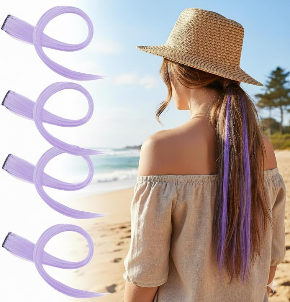 IMTKOOCO Purple Hair Extensions Clip in 4PCS Straight Highlighted Hair Pieces Professional Hair Extensions Clip in for Girls Women Halloween Cosplay Including Purple Hair and Clip in Hair Extensions