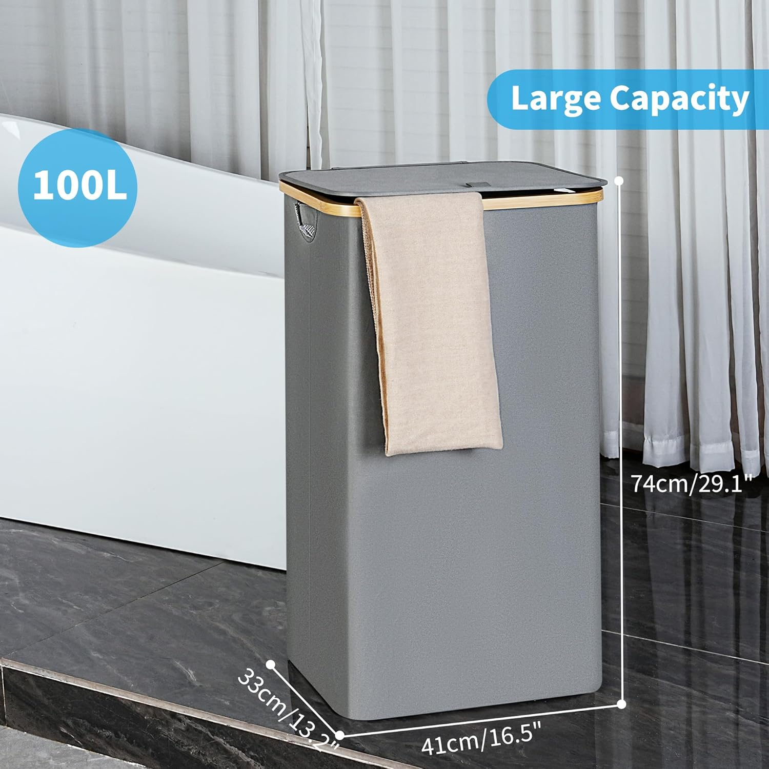 Efluky Laundry Basket with Lid and Removable Bag, 100L Tall Laundry Hamper with Bamboo Handles, Aesthetic Dirty Clothes Bin for Laundry Room, Bathroom, Bedroom and Dorm, Silver Grey image number 4