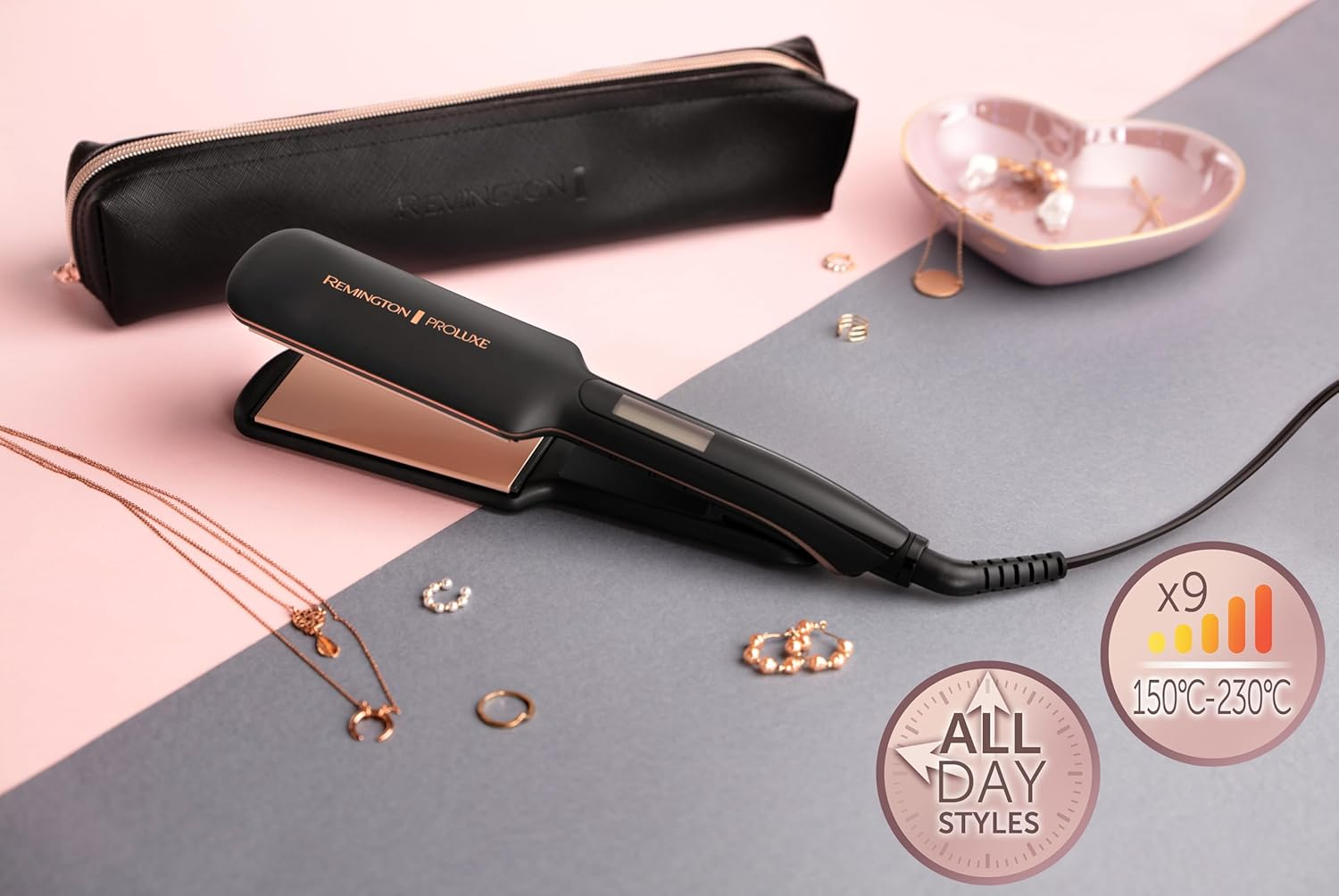 Remington Proluxe Straightener [Extra Wide Ceramic Styling Plates, 110 X 50 Mm] (Optiheat Technology, Pro+ Setting for Gentle Styling, Digital Display, Quick Heating) Hair Straightener S9150B image number 3