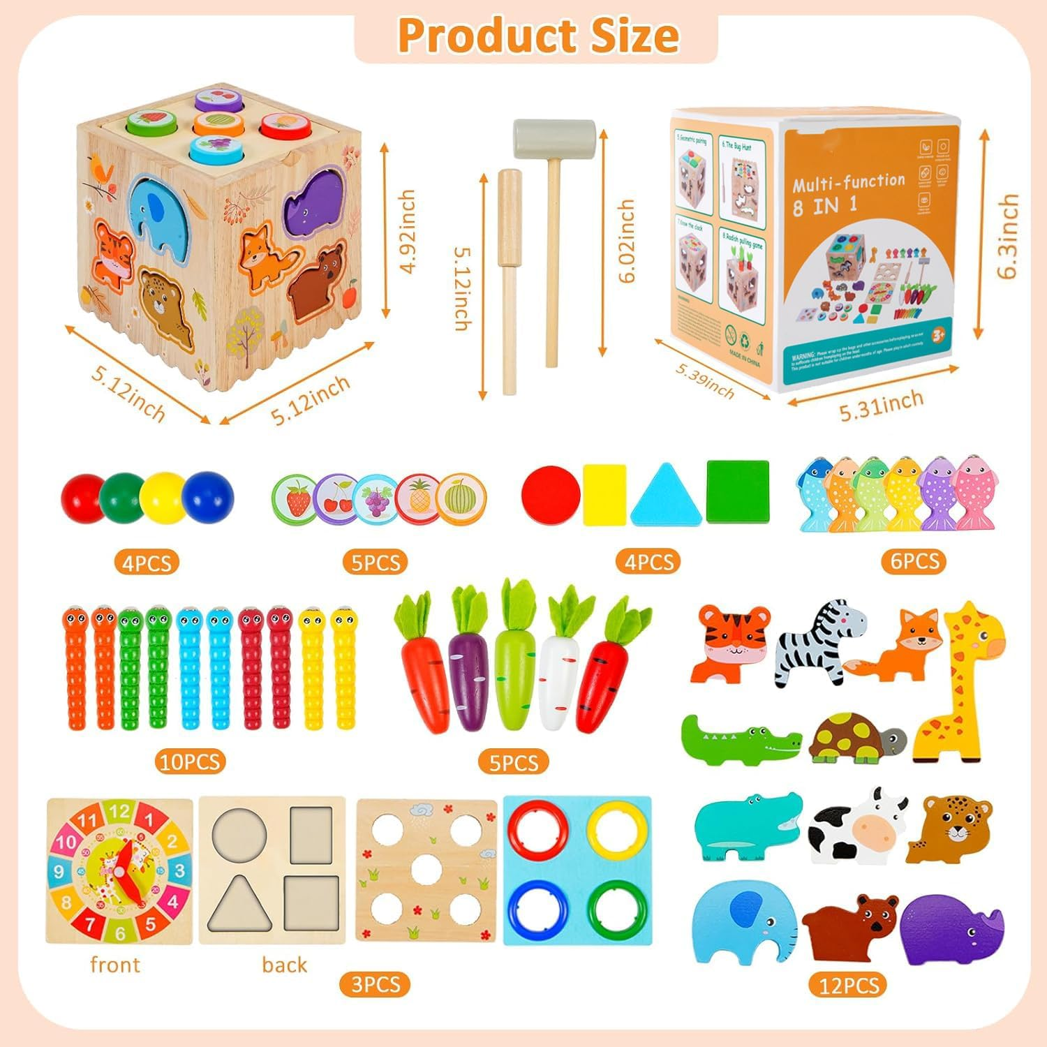 Wooden 8-In-1 Activity Cube, Toddlers Montessori Toys for 1 2 3 Year Old Educational Learning Preschool Learning Motor Skills Game Toy for Baby Boys Girls Birthday Gift image number 2