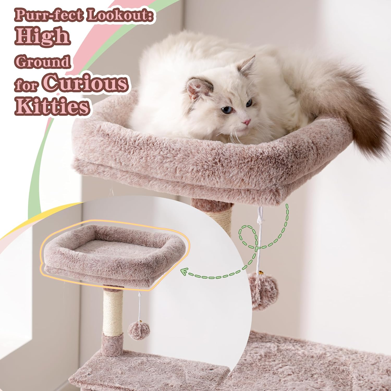Heybly Cat Tree, 125Cm Cat Tower for Indoor Cats, Spacious Cat House Condo with Hidden Space，Sturdy Steel Tube，Soft Plush Top Perch，Cozy Hammock and Sisal Scratching Posts, Muchroom HCT200SMU - Beige image number 2