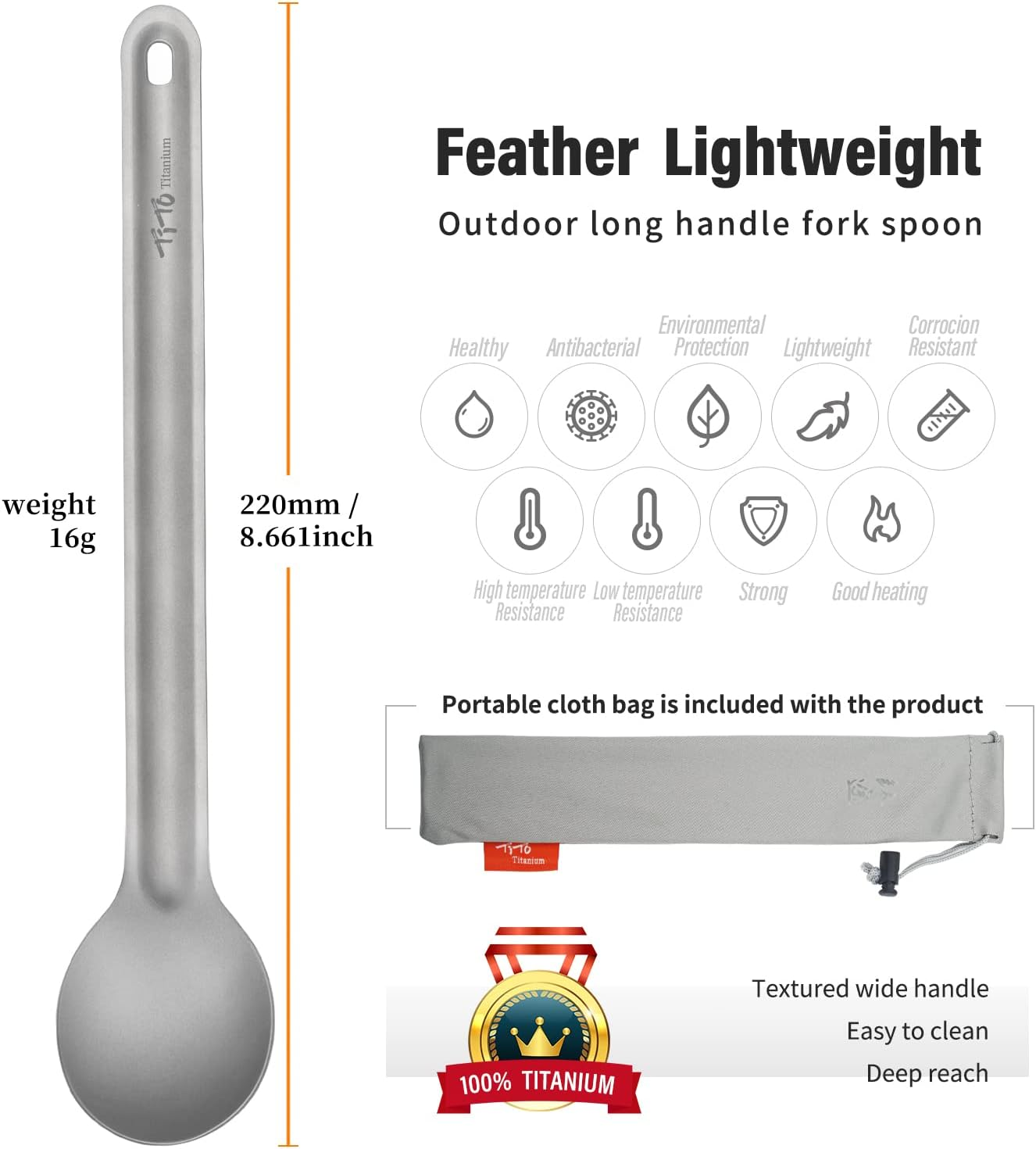 Tito Titanium Long Handle for Spork Outdoor Ultralight Portabale Flatware with Camping Backpacking image number 5