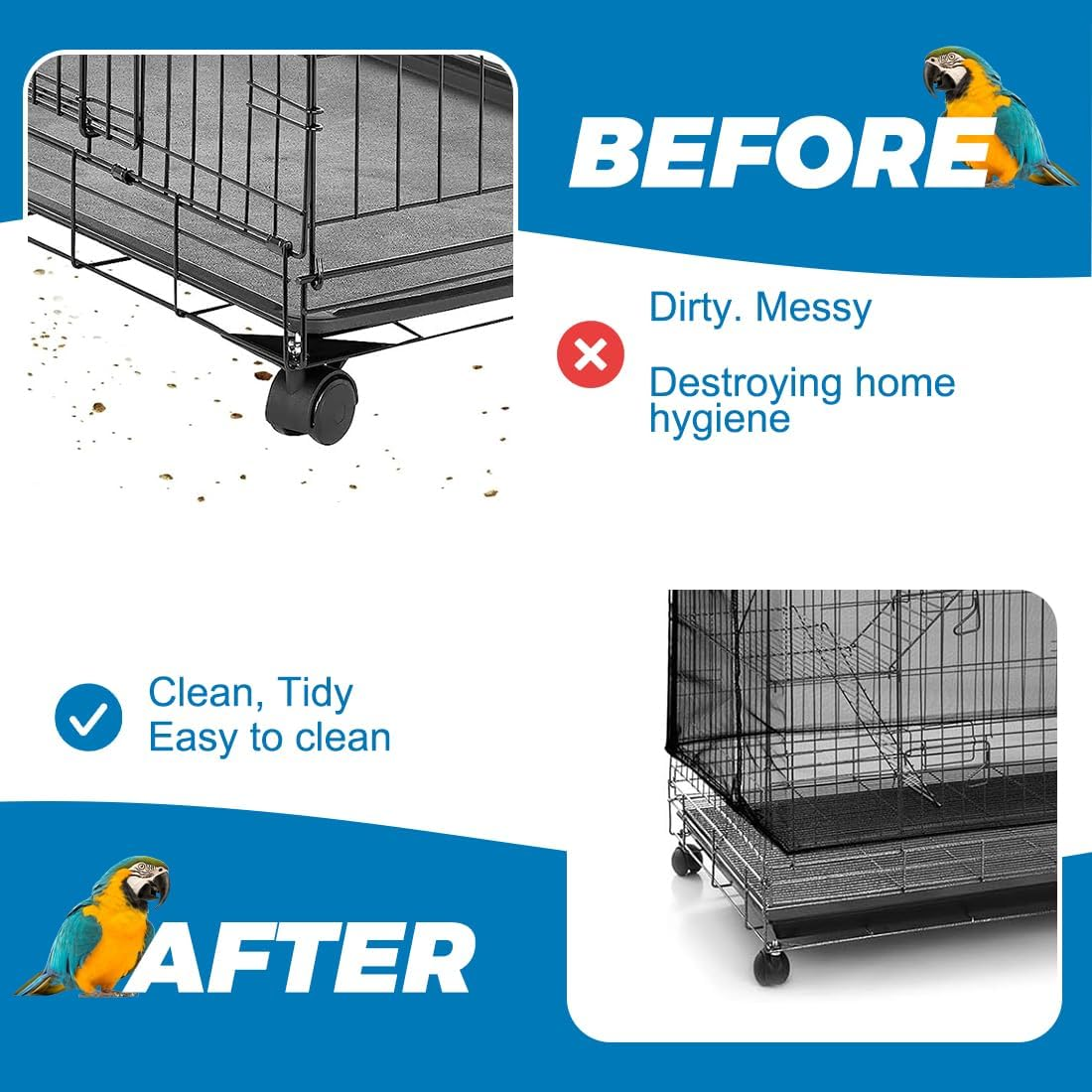 JEYORZY 1 X Bird Cage Cover, Adjustable Bird Cage Cover, Bird Cage Seed Catcher, Protective Net for Bird Cages, Parrots, Nylon Mesh, Suitable for Cages with a Circumference of 112-150 Cm, Black-M image number 1