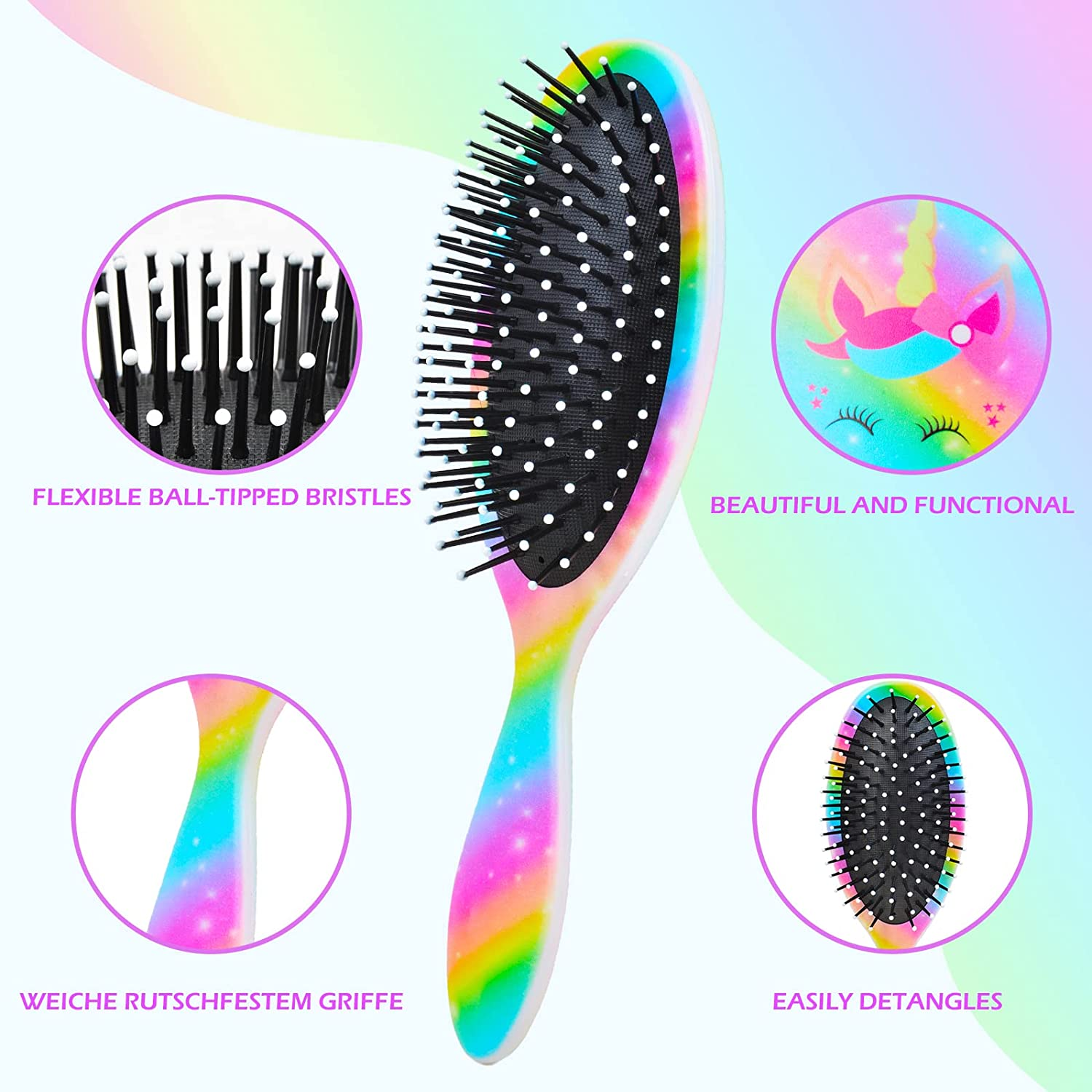 Kids Hair Brush Girls, Toddler Wet Dry Detangling Hair Brush for Curly Thick Hair Pain-Free Comb Girls Kids Women Unicorn Mermaid - Pink image number 3