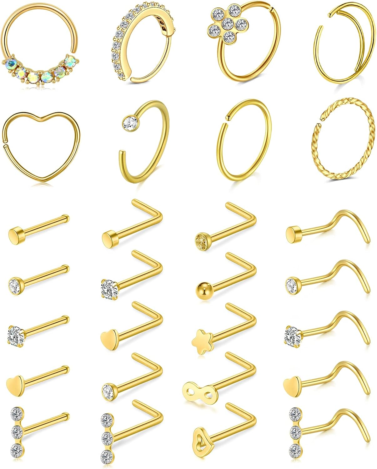 Mayhoop 20G Stainless Steel Nose Rings Hoop L Shape Nose Studs Nose Screw Bone Silver Rose Gold Black Rainbow Pack for Women Men 28Pcs