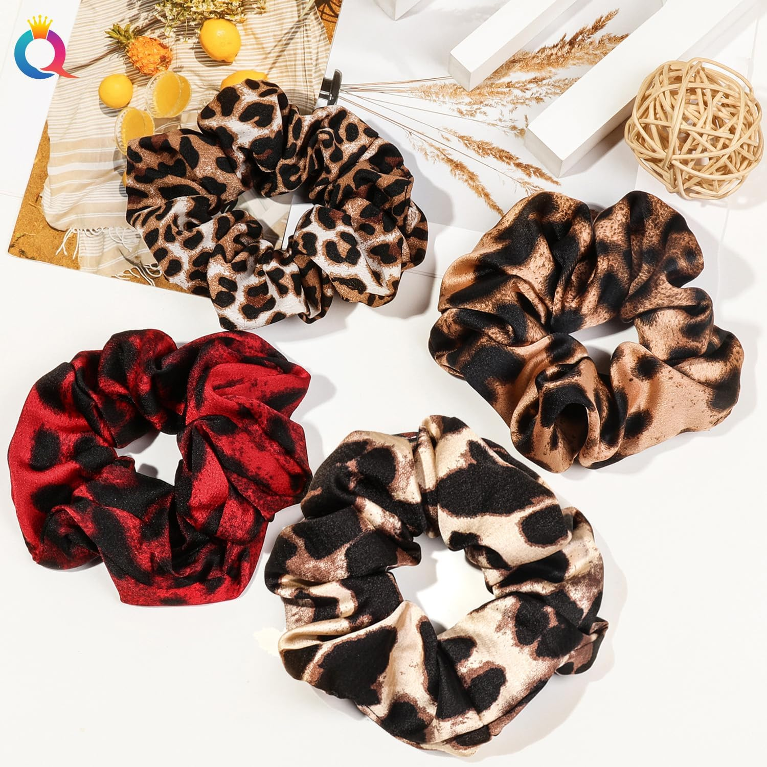 Gaodercha Pack of 4 Soft Hair Scrunchies 4 Styles Retro Hair Ties with Leopard Print Elastic Hair Bands Ropes Leopard Print Scrunchie Ponytail Holder Accessories for Long or Thick Curly Hair image number 1