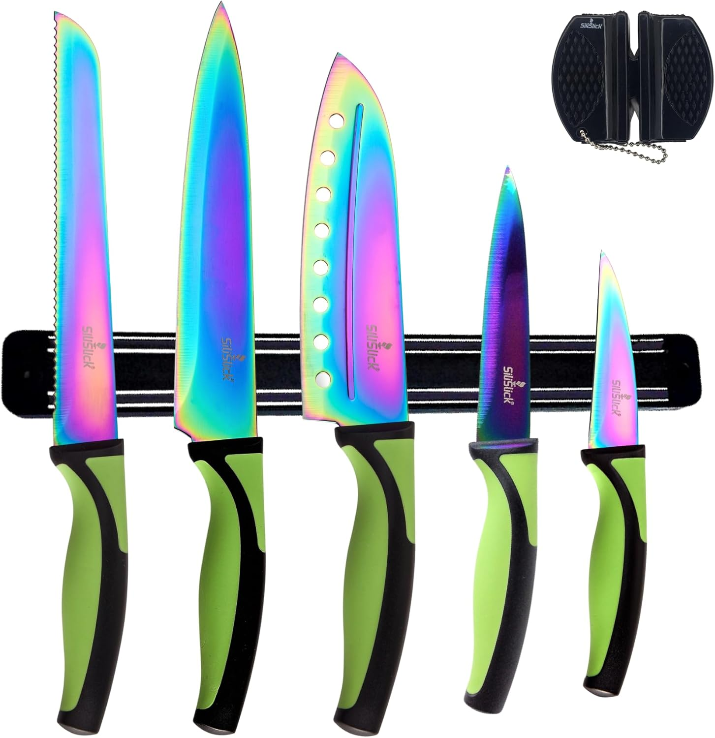 Silislick Kitchen Starter Kit | 5 Pcs Rainbow Titanium Stainless Steel Knife Set | Magnetic Strip Tool Rack | Portable Knife Sharpener (Red Handle | Red Rack)
