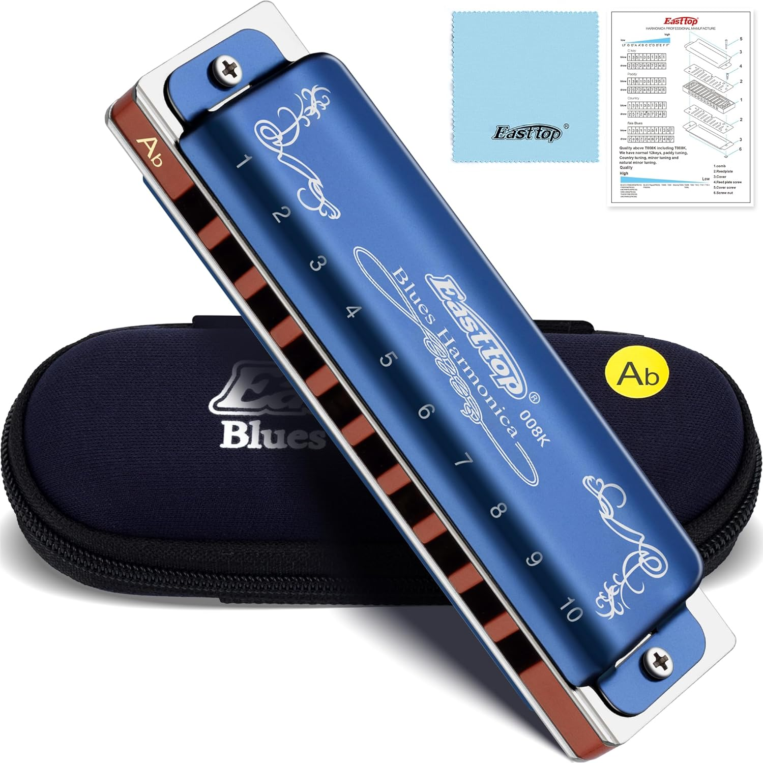 East Top Blues Harmonica Key of A, 10-Hole 20 Tones Mouth Organ Diatonic Harmonica with Blue Case, Standard Harmonicas for Adults, Professionals, Beginner, Students and Kids,As Gift