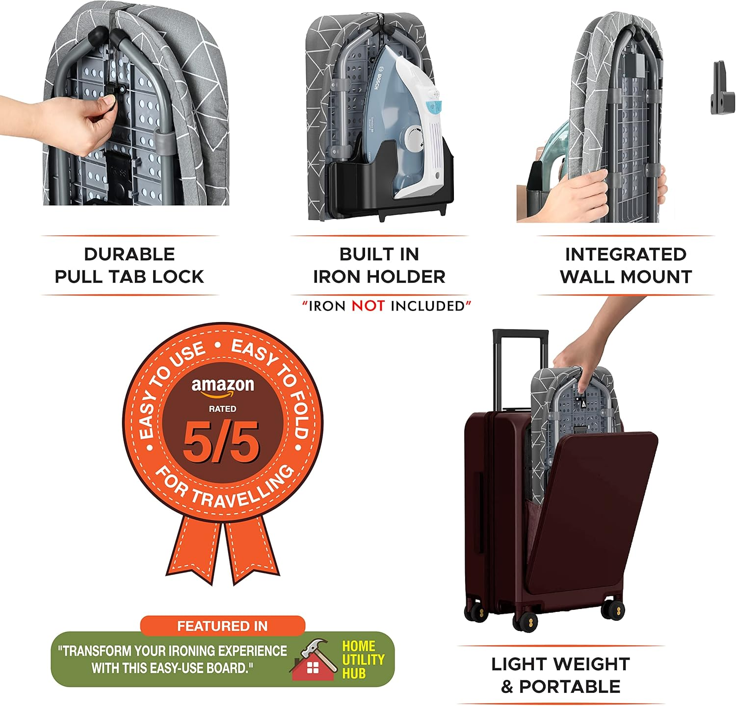 Xabitat Table Top Ironing Board W/Wall Mount | D-Crease | Portable Space Saving Mini Laundry Room Iron Board | Foldable Small Ironing Board with Iron Holder | Grey - Grey image number 3