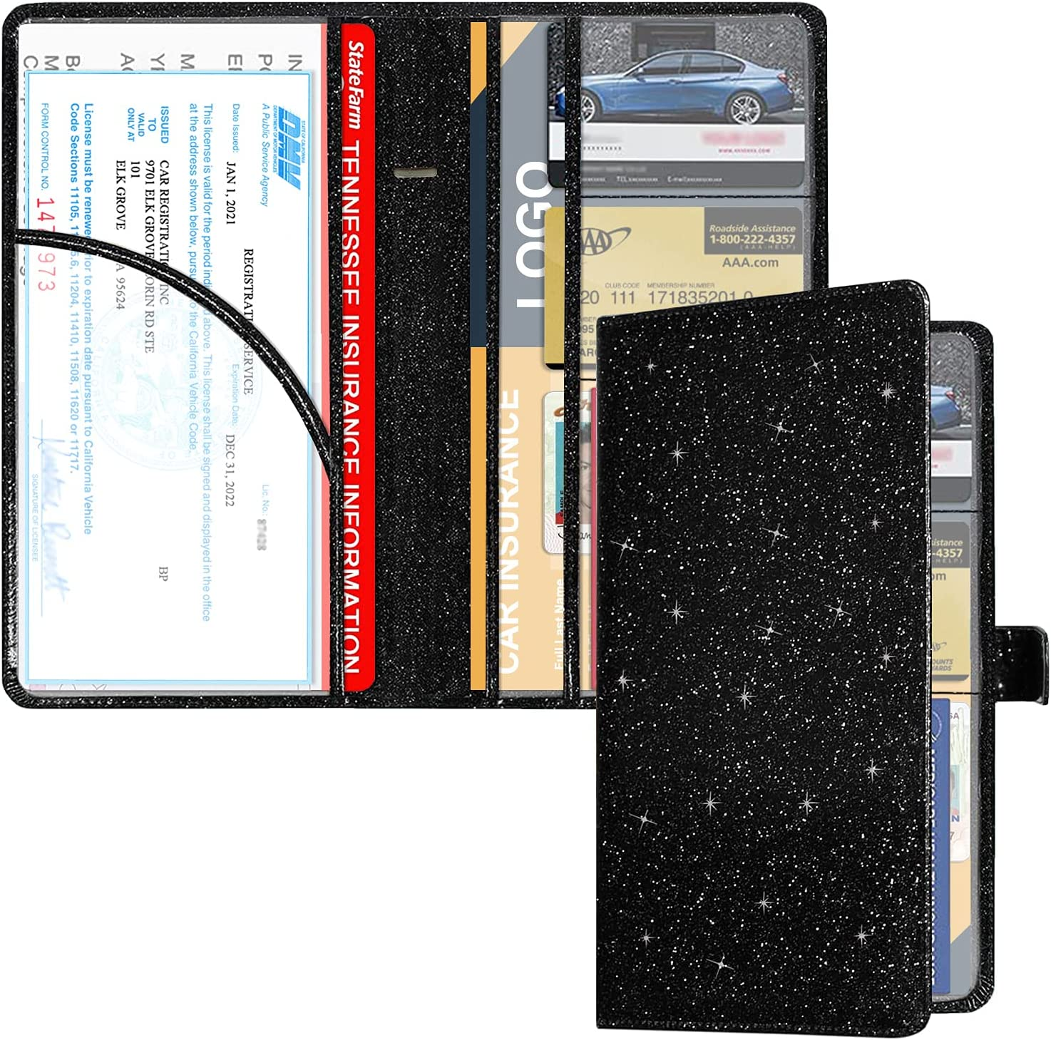 Rsaquar Car Registration & Insurance Holder, Glove Box Organizer for ID, Driver'S License Cards & Essential Documents, Men & Women, AAA Glitter Black, Large, Bling - Aaa Glitter Black image number 6