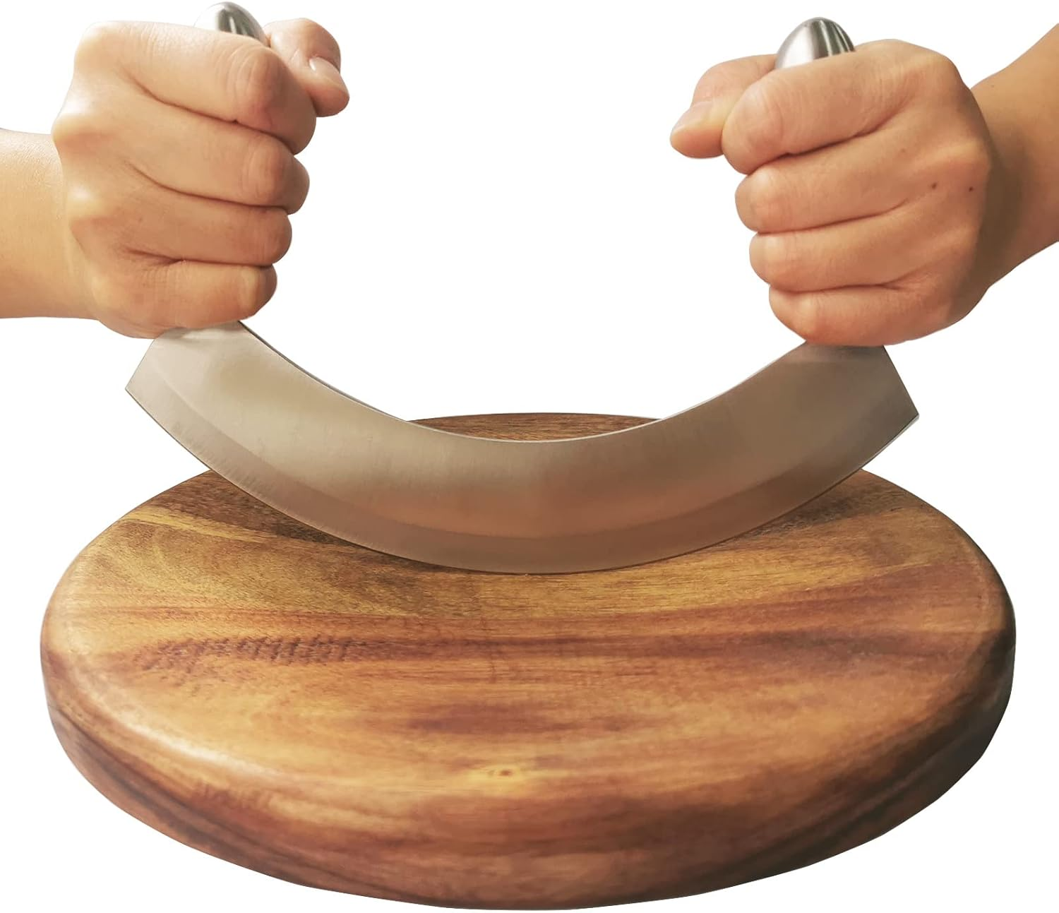 8.7 Inch Mezzaluna Knife with Wood Cutting Board - Stainless Steel Salad Chopper Rocker Pizza Cutter Rocker Knife Curved Blade Sharp Blade Double Handle Fruit Vegetable Mincing Knife image number 5