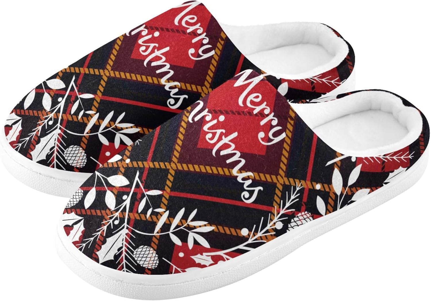 Caihoyu Memory Foam Slippers for Womens Mens Warm Plush Non-Slip Comfy Slippers Bedroom Home Office Travel Yoga 3XL Christmas Wreath Plaid Pattern, Color 6, 16-17 Women/13-14 Men image number 4