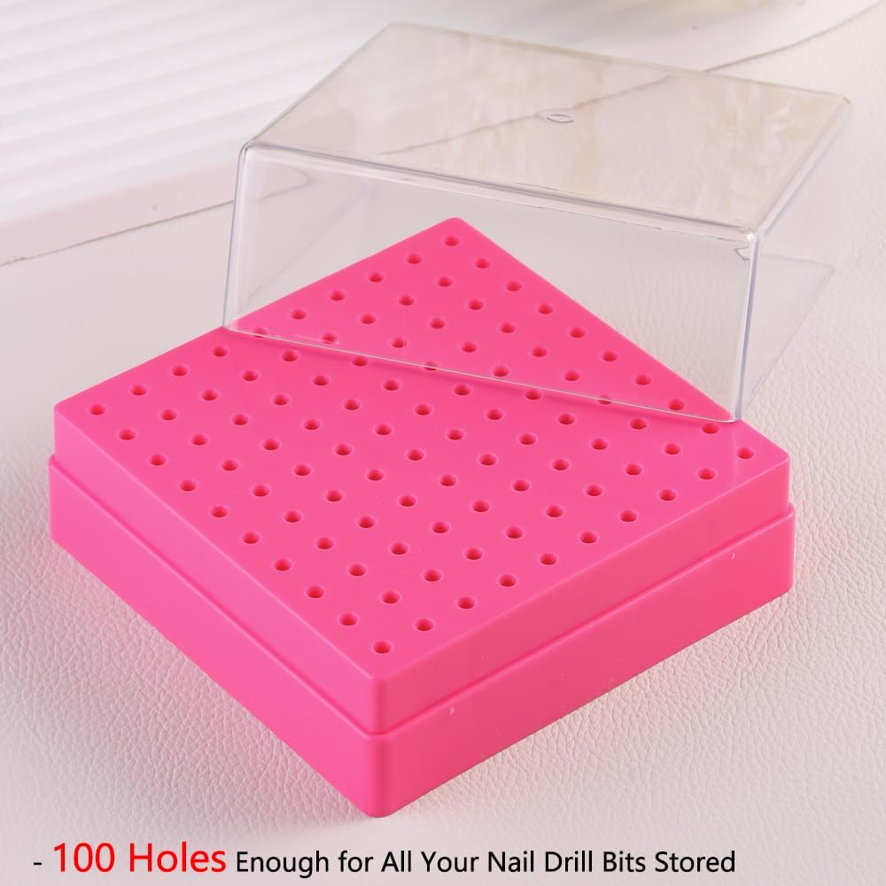 Fspronail Nail Drill Bits Holder,100 Holes Nails Drill Grinding Head Organizer Empty Box,Nail Drill Kit and Nail Drills Cleaning Brush Dust-Proof Storage Display Manicure Tool Container Case(Rose Red) - Black image number 7