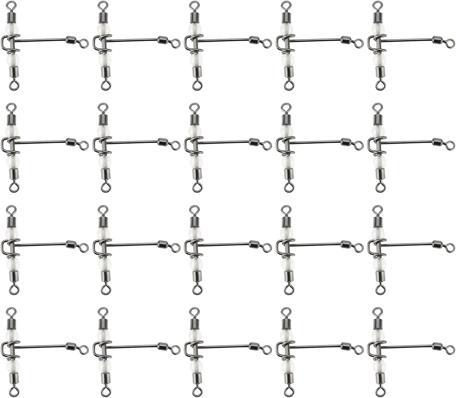 Emsea 20Pcs Heavy Duty 3 Way Fishing Swivels Luminous Triple T-Barrel Cross Line Swivels with Pear Beads for Saltwater Freshwater Tackle