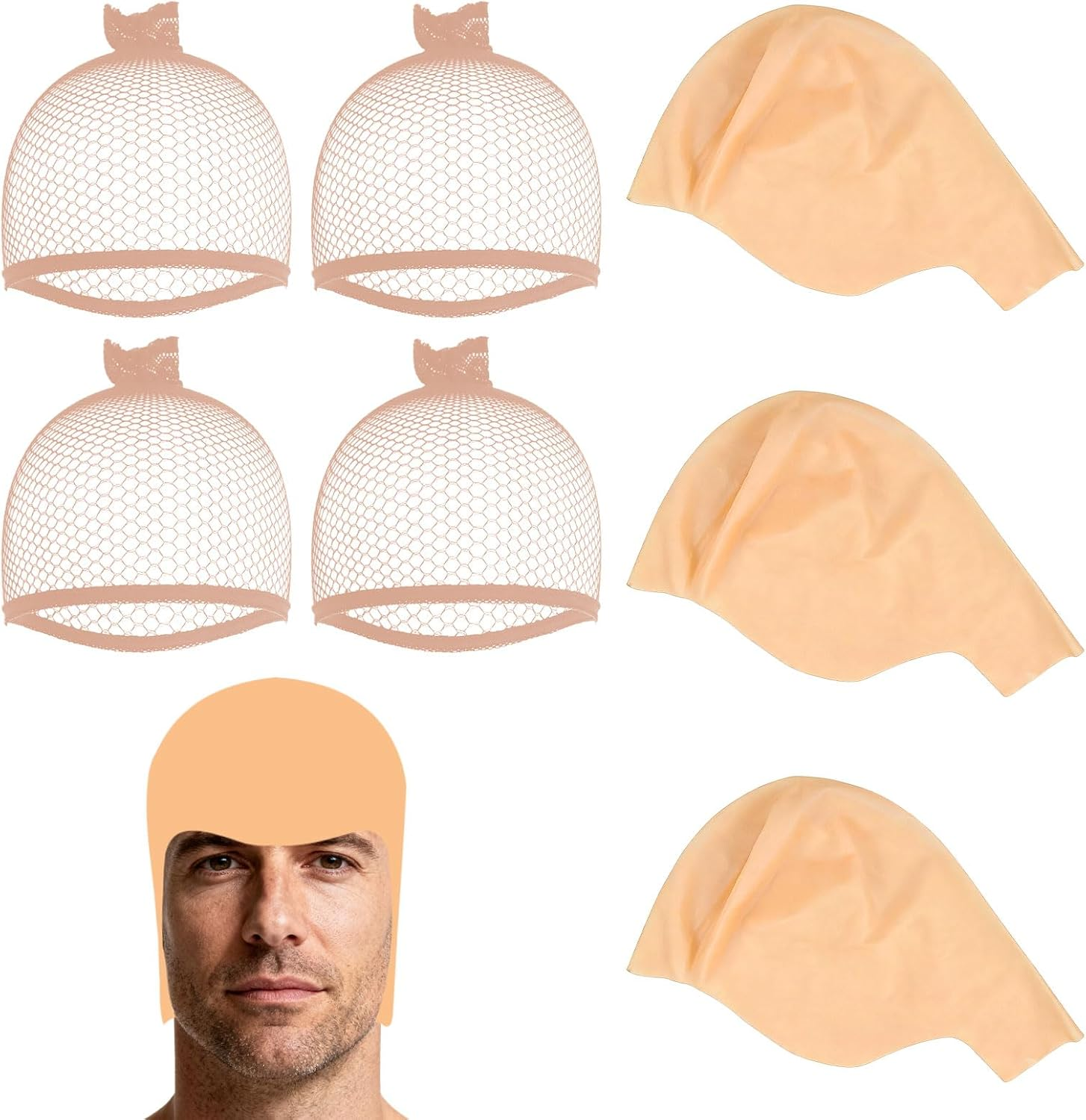 3 Packs Bald Cap with 4 Pcs Wig Cap, Nude Latex Bald Cap for Makeup Cosplay, Bald Caps for Adults Halloween Party, Bald Cap Wig for Costume Accessory, Stage Performance, Lightweight and Stretchable image number 1