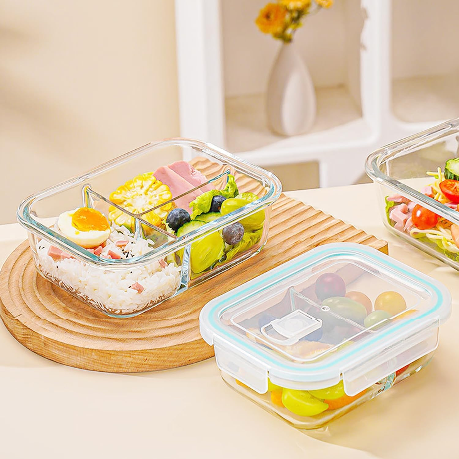 Glass Food Storage Containers, 8 Pack Airtight Glass Containers with Plastic Lids (1040Ml/35Oz), Lunch Box for Kitchen Storage & Organisation(1 Compartments*3, 2 Compartments*3, 3 Compartments*2) image number 4