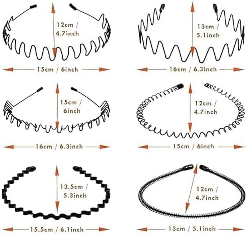 6PCS Metal Hair Headbands Wavy Hairband Spring Hair Hoop Sports Fashion Hair Bands Unisex Black Elastic Non Slip Simple Headwear Accessories image number 6