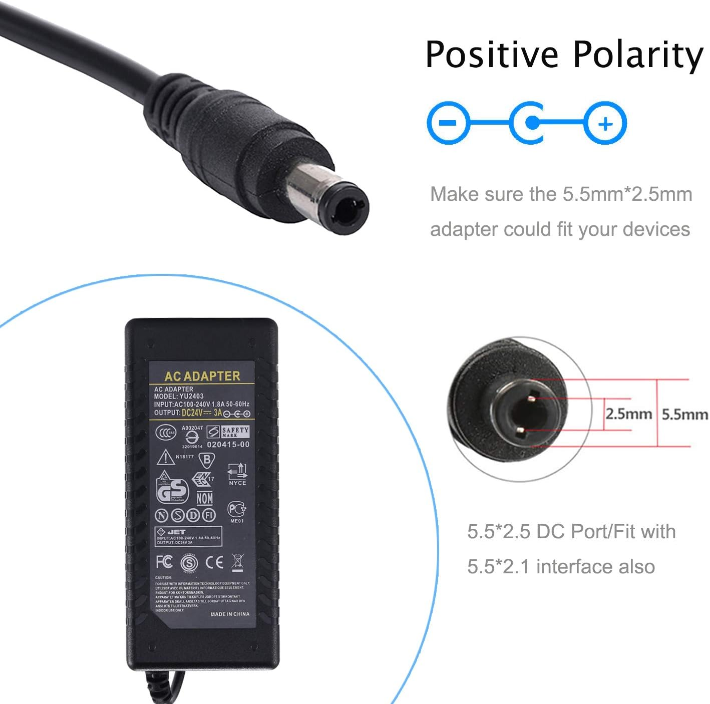 Cfsadapter 24V 3A Power Supply Adapter Converter AC 100V - 240V to DC 24V 3Amp 72W Transformer for 5050 3528 LED Strip Module Light CCTV Camera image number 5
