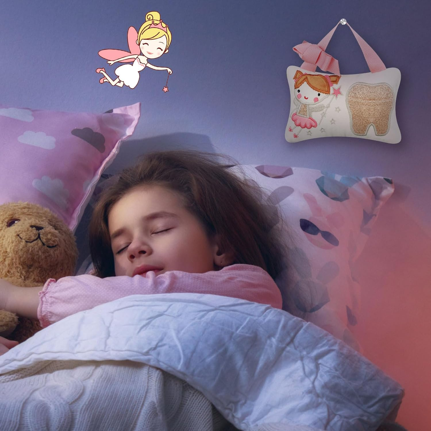 Qunclay Tooth Fairy Kits Includes 3.9 X 5.9 Inch Cute Tooth Fairy Pillow Wooden Keepsake Box Container and 20 Warm Letters(Pink,Girl Style) image number 2