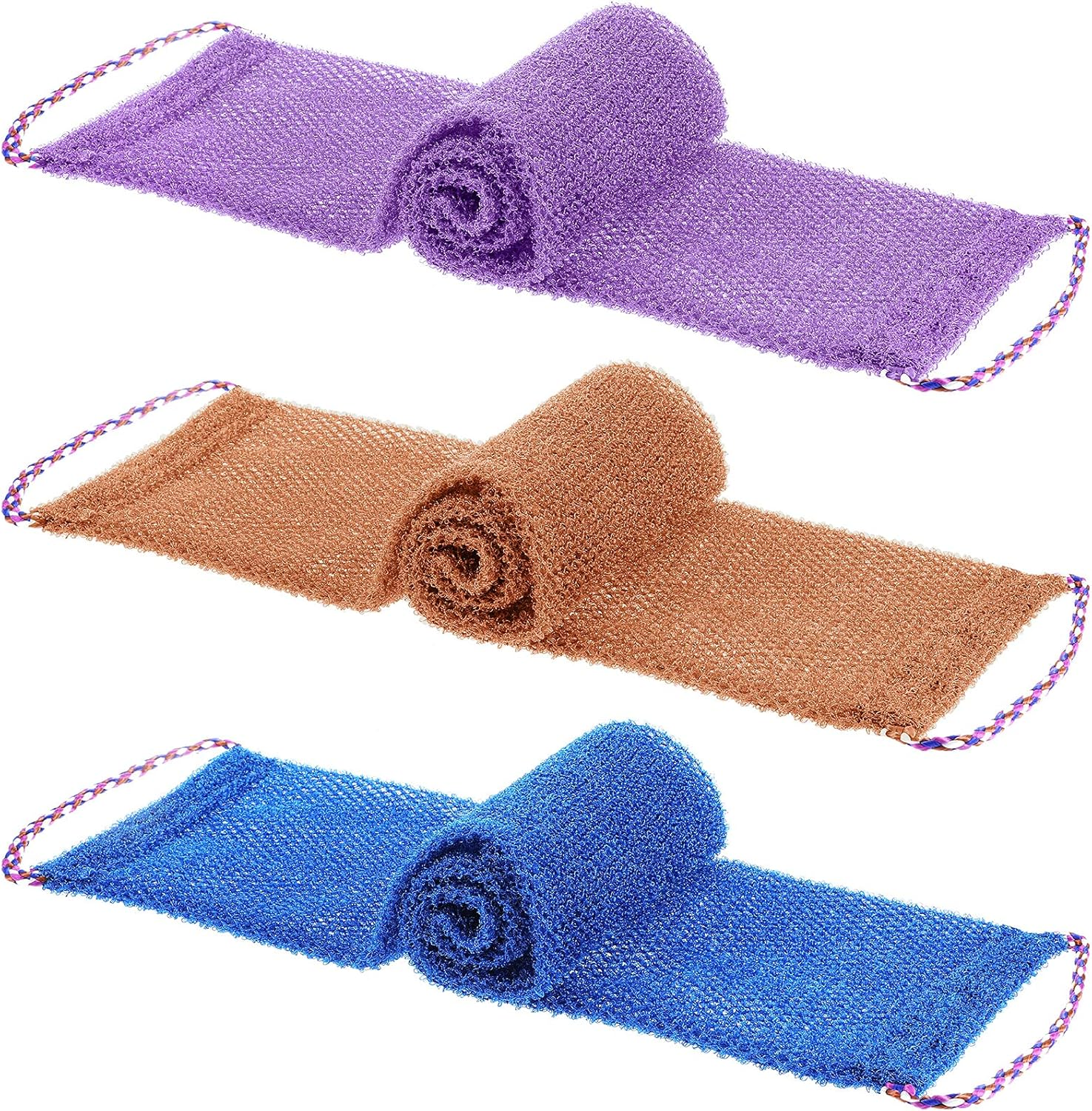 Tegeme 3 Pieces African Net Sponges Back Scrubbers Bathing Exfoliating Smoother Long Nylon Net Body Shower Loofahs Cloth with Pull Strap for Women Men Daily Handles Washcloth Wash Purple Blue Coffee image number 1