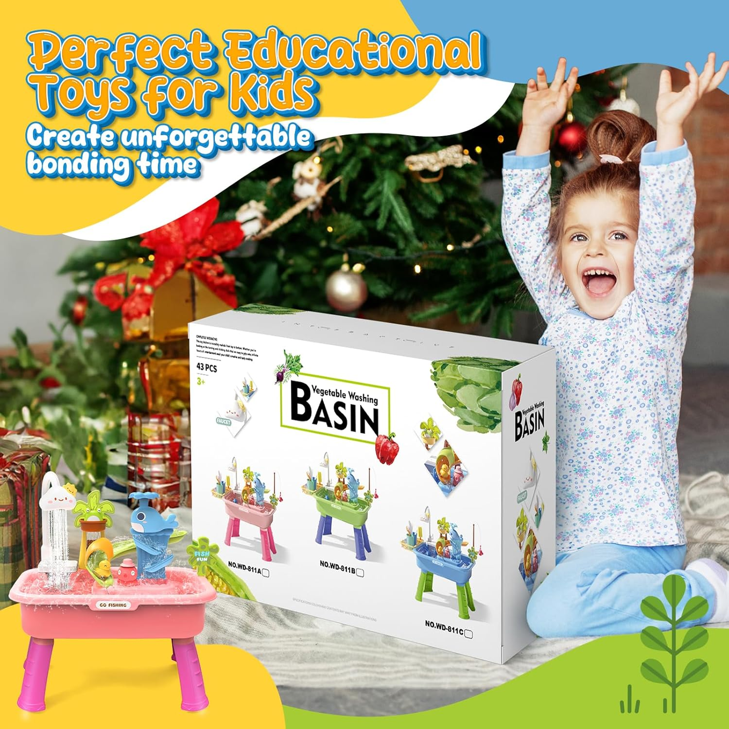 21" H Play Sink with Running Water, 4-In-1 Kids Kitchen Sink Toy with Electric Faucet, Mini Water Table with Detachable Legs, Fishing Game, Pretend Play Dishwasher Gift Set for Boys & Girls(Pink)