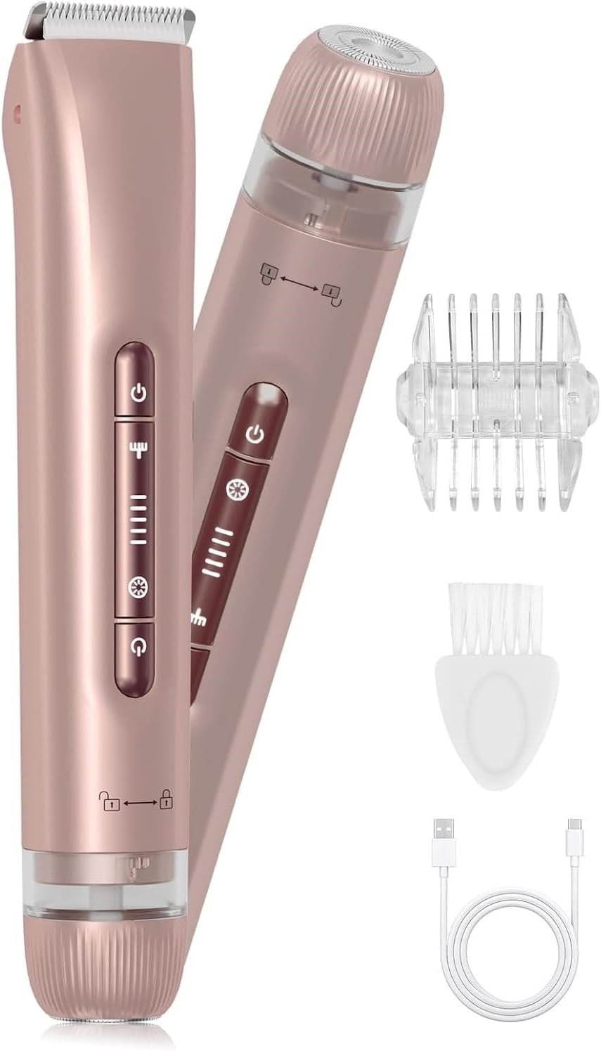 2 in 1 Women Electric Shaver Dual Head Bikini Trimmer for Women IPX7 Waterproof Wet & Dry Use Body Hair Trimmer and Facial Hair Remover for Bikini Underarm Leg Arm Body Face