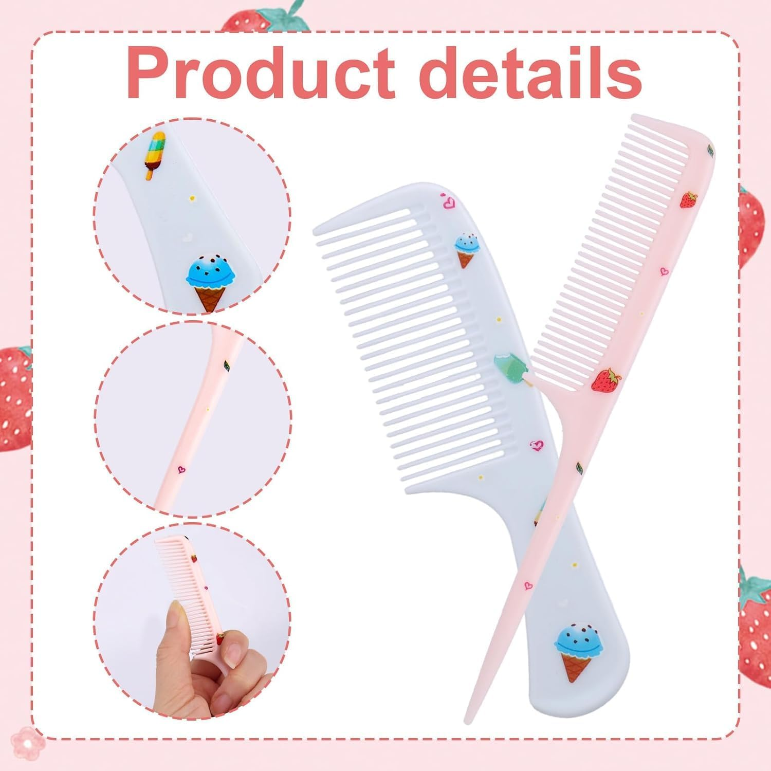 Small Cute Strawberry and Ice Cream Kids Toddler Babys Comb, 4Pcs Toddler Strawberry Ice Cream Baby Fine Tooth Rat Tail Combs, Small Cute Fine Tooth Toddler Combs and Rat Tail Baby Comb for Girls image number 5