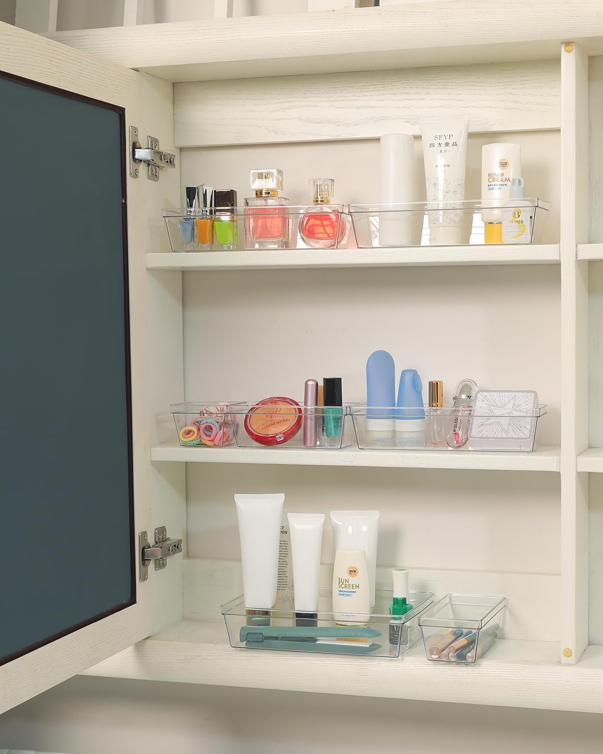 21-Piece Clear Plastic Drawer Organizers Set 4-Size Versatile Bathroom and Vanity Drawer Organizer Trays, Storage Bins for Makeup, Bedroom, Kitchen Gadgets Utensils and Office image number 5